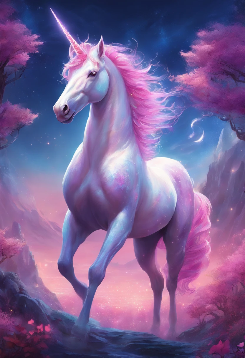 best quality,ultra-detailed,4k,extremely detailed illustration,(Mythical world),(delicate and precise),(intricate details),(unicorn:1.3),((pink purple light blue mane:1.3)), big shining horn, night