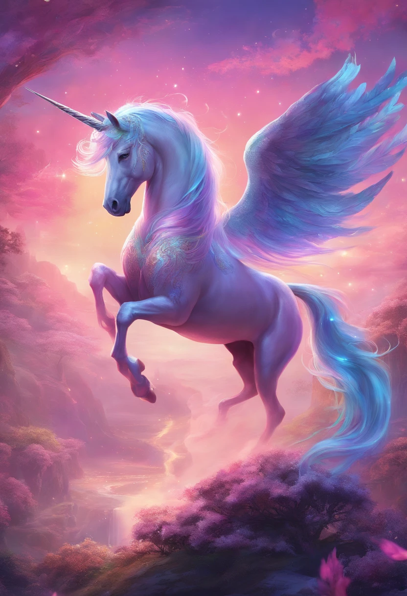 best quality,ultra-detailed,4k,extremely detailed illustration,(Mythical world),(delicate and precise),(intricate details),(unicorn:1.3),((pink purple light blue mane:1.3)), big shining horn, night