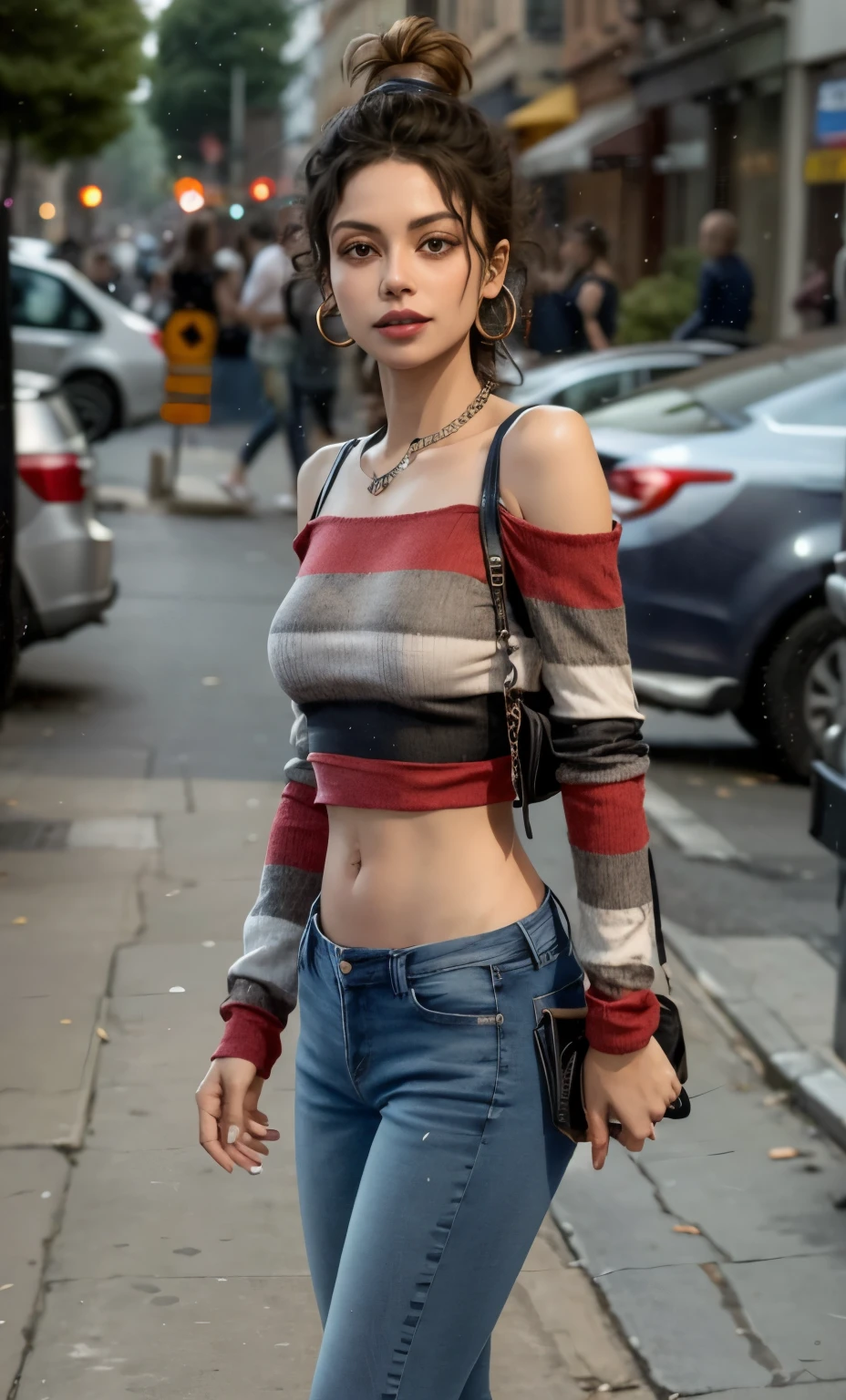 arafed woman in striped top and jeans walking down the street, wearing a cute top, big breast. wearing a sexy cropped top,  wearing crop top, wearing a cropped tops, wearing a cropped top, wearing a crop top, multilayered outfit, street fashion outfit, exposed midriff, style of julia razumova, 7 0 s vibe, striped sweater, skin showing, hips and groin