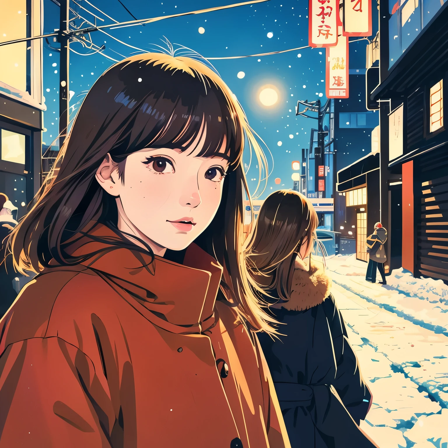 Illustration style、Ukiyo-e、昭和anime、anime、Woman facing this way、Japanese、Shinkai Makoto style、The season is winter、Tokyo at night、 (highest quality, super detailed, portrait, Natural light)