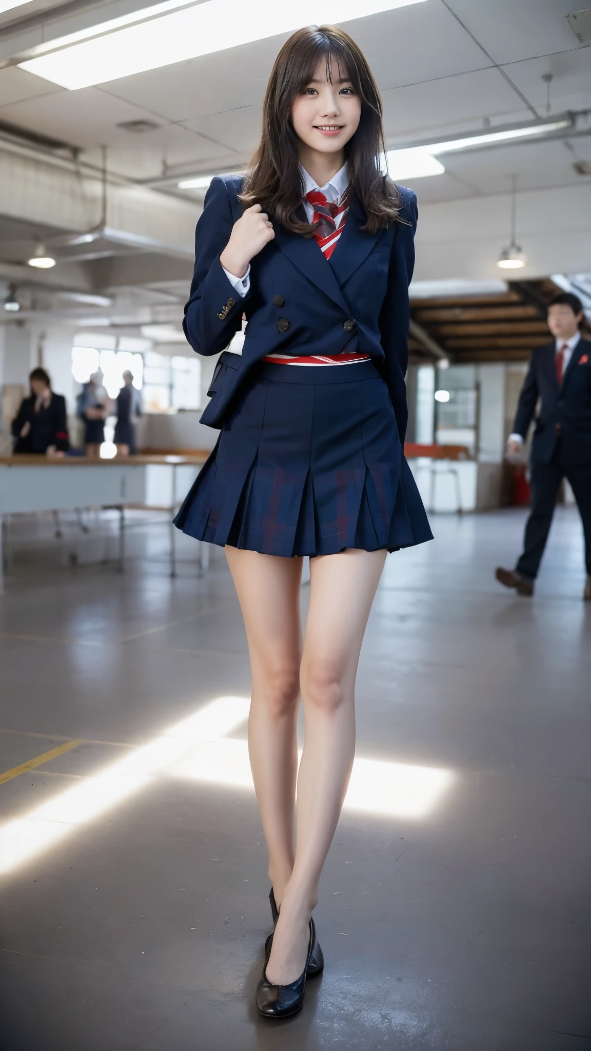 Girl Standing In School Classroom,Red Tie Uniform,Dark Blue Closed Blazer,Blue plaid super super super mini skirt,18-year-old,bangs,a little smile,thighs,knees,from below,random pose,pretty girl,slender girl,Side waves with a short cut,The skirt is too short and you can see the white panties,