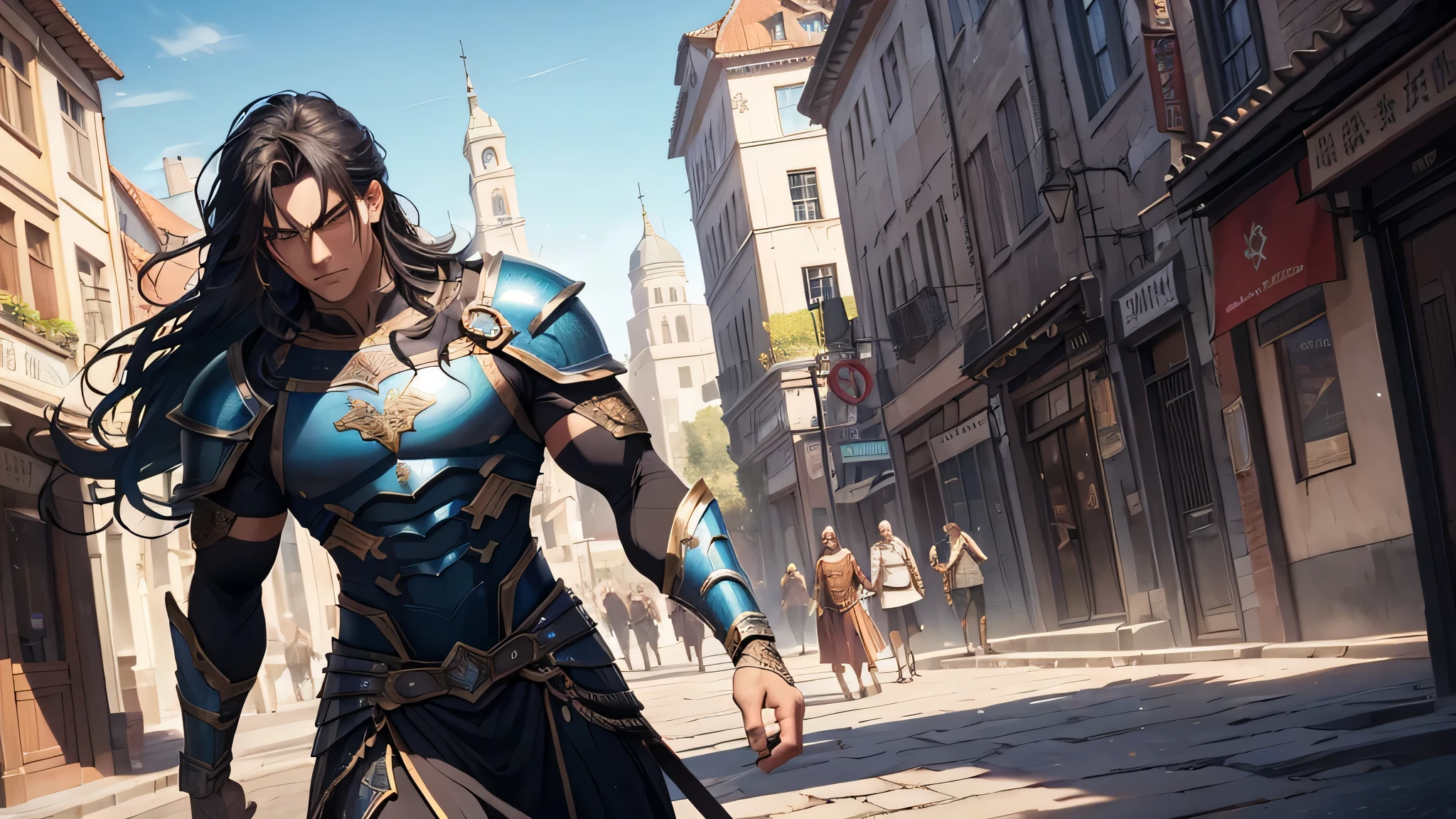 Ultra-realistic 8K CG, masterpiece, best quality, a strong male warrior, solo, muscular build, long black hair flowing freely, iron armor covering his body, intricately detailed, with a sword stuck at his waist, standing proudly in the midst of a medieval city. The armor, shimmering under the sunlight, reveals complicated patterns and delicate engravings. The cityscape in the background is equally detailed, with ancient buildings and winding streets adding depth to the image. The sky above is a vibrant mix of blue and orange hues, creating a sense of warmth and tranquility. The warrior's intense gaze and strong jawline are captured in the greatest detail, bringing his