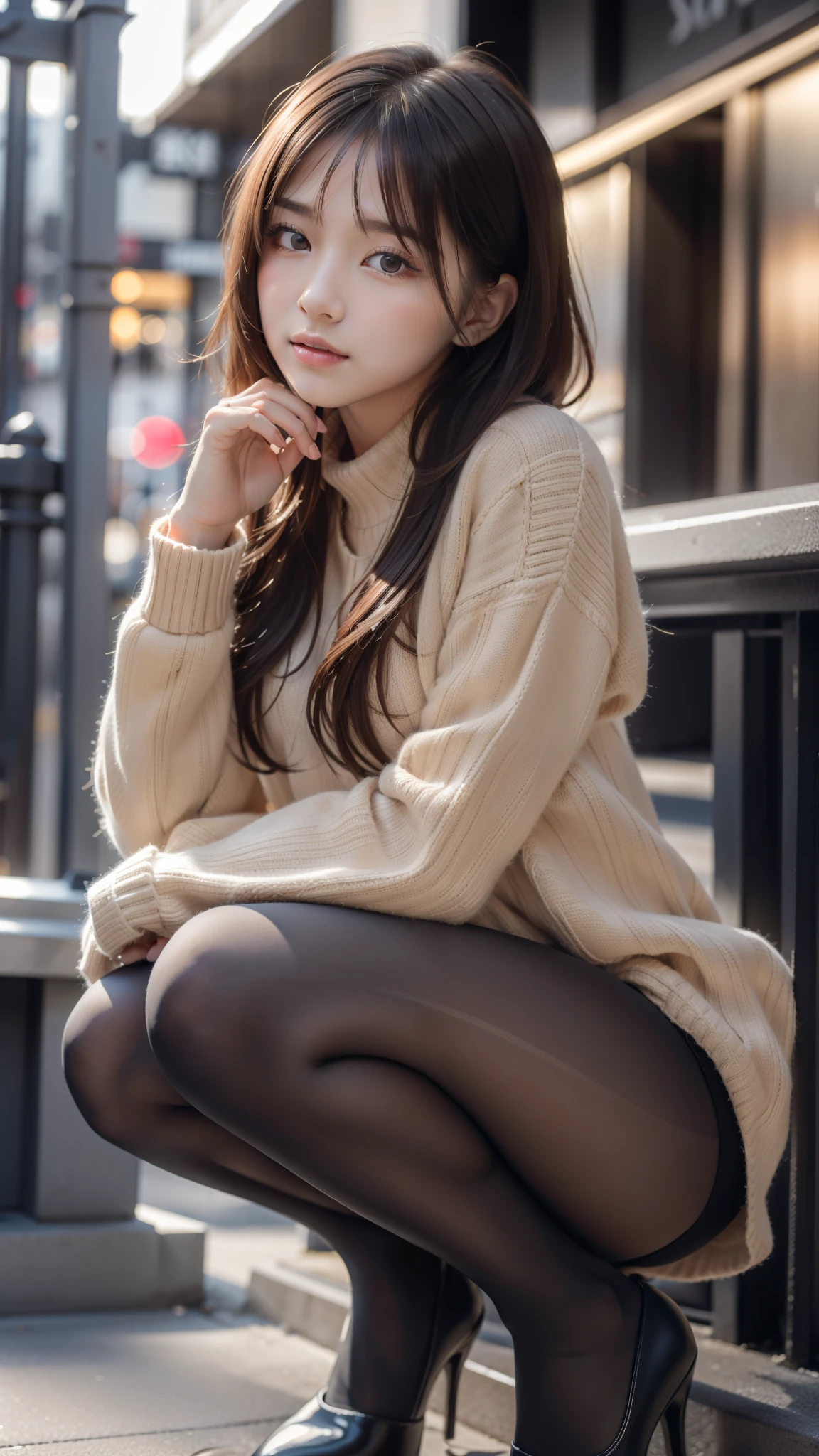 Photo taken by a professional photographer,Close-up of a woman squatting on the sidewalk with her legs crossed, kiko mizuhara, wearing a sweater, Shirahime cut brown hair, wearing a sweater, young and cute girl, japanese model, 白いwearing a sweater, Chiho, ランダムカラーのカジュアルなwearing a sweater,Cute ide waves with short hair, a cute young woman, cute young woman, black pantyhose,black tights,black high heels,