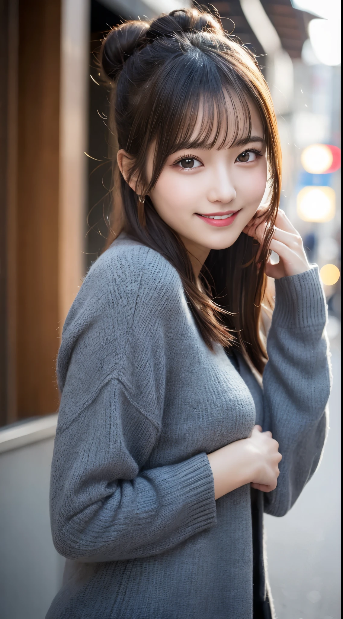 Japanese woman wearing a blue high-necked sweater,Tabletop,highest quality,shape,Very detailed,finely,High resolution,8k wallpaper,完璧なダイナミックな構shape,((Big Breasts)),Accentuated breasts,Big Breasts,Beautiful and beautiful eyes,Medium Hair,Natural color lip,Random sexy poses,smile,Aoyama Street Walk,26 year old girl