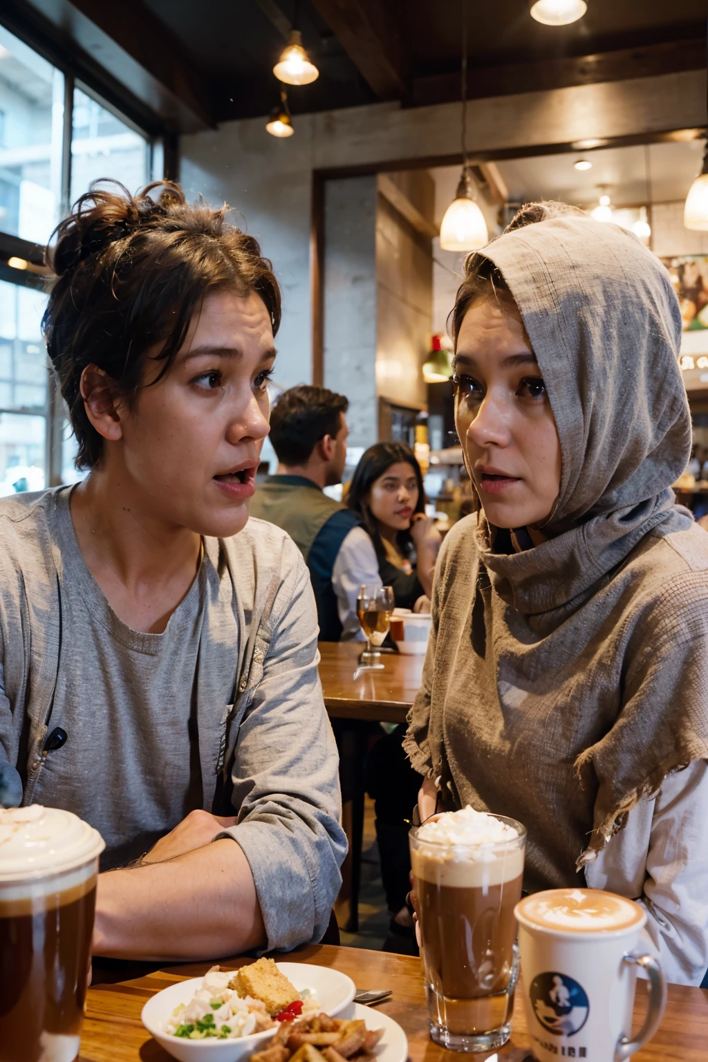 there are two people sitting at a table with coffee and a plate of food, highlight scene of the movie, still from the movie, screenshot from a movie, in a coffee shop, very realistic film still, scene from a movie, still from a live action movie, still from a movie, scene from live action movie, shot with canon eoa 6 d mark ii