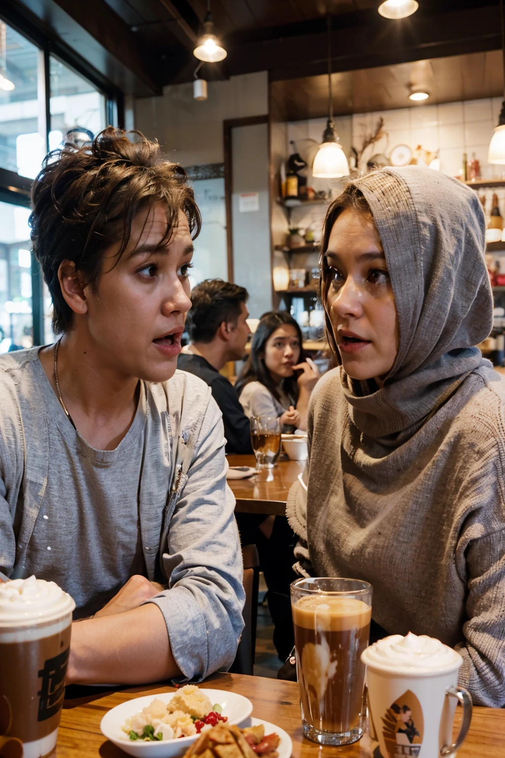 there are two people sitting at a table with coffee and a plate of food, highlight scene of the movie, still from the movie, screenshot from a movie, in a coffee shop, very realistic film still, scene from a movie, still from a live action movie, still from a movie, scene from live action movie, shot with canon eoa 6 d mark ii