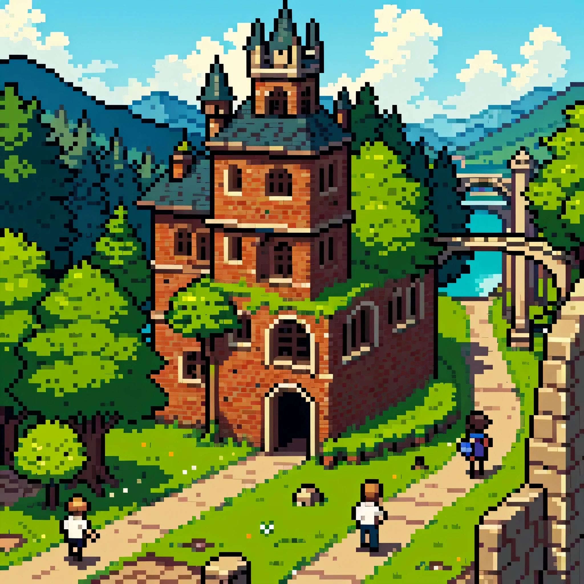 (melhor qualidade,4k,8k,high resolution,obra de arte:1.2), ultra-detalhado, realista:1.37, arte de pixel, medieval city made in arte de pixel, paisagens ao redor da cidade, Detailed buildings, Ruas movimentadas, mercado vibrante, castelo imponente, cobblestone roads, habitantes animados da cidade, casas coloridas, Rio sinuoso, florestas exuberantes, Colinas, montanhas majestosas, clear blue sky, luz solar quente, sombras sutis.