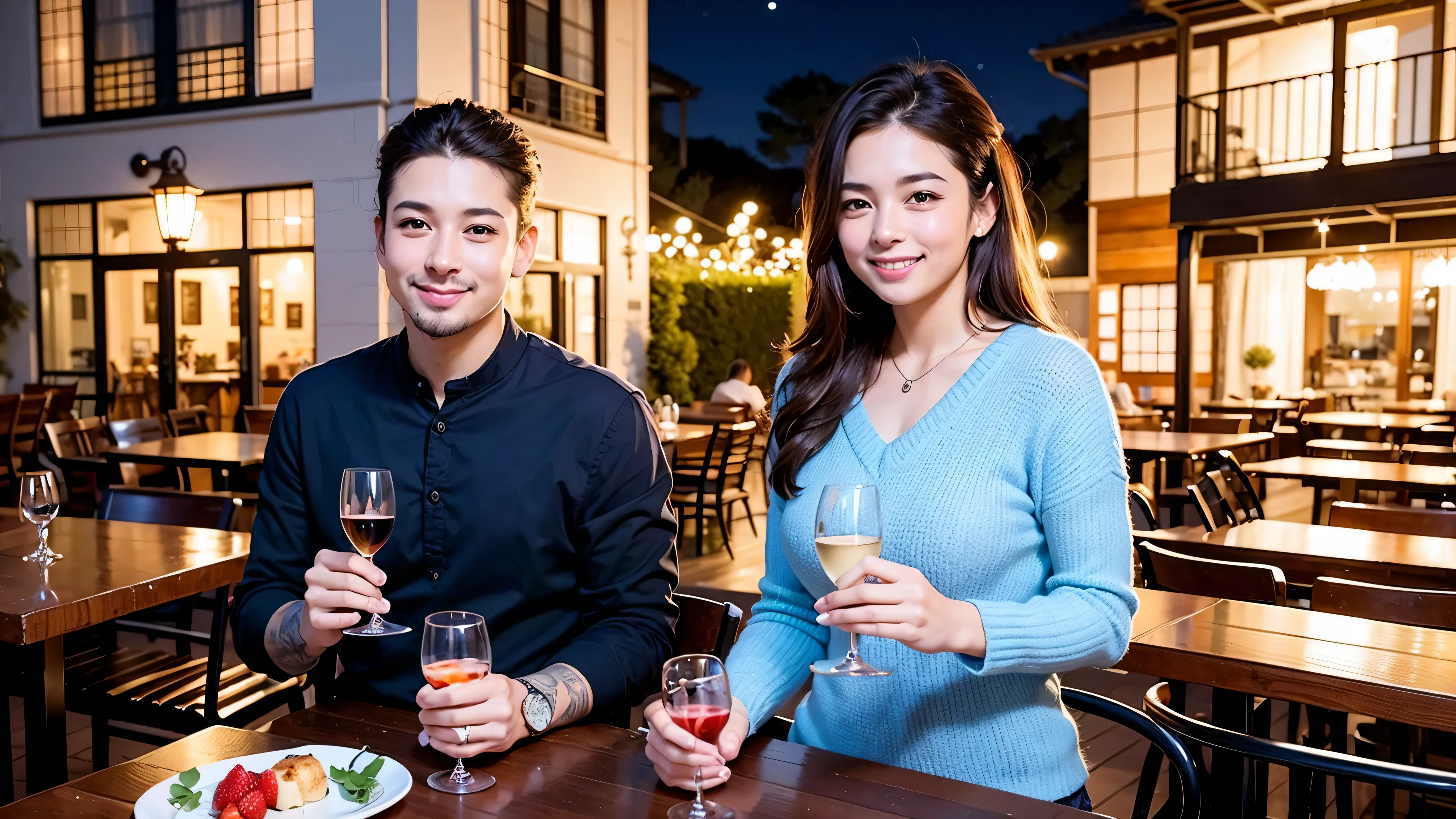 ((Highest quality、、masterpiece:1.3))、1 male 1 female、42 years old 44 years old、Slim Beauty、beautiful couple、smile、(Shortcuts), テーブルのフルコースディナーとwine glass、Amazing view of the sunset sky and clouds、smileの美しさ、Wine bottle、sparkling wine、Long sleeve shirt、dress、White wine, red wine, wine glass,