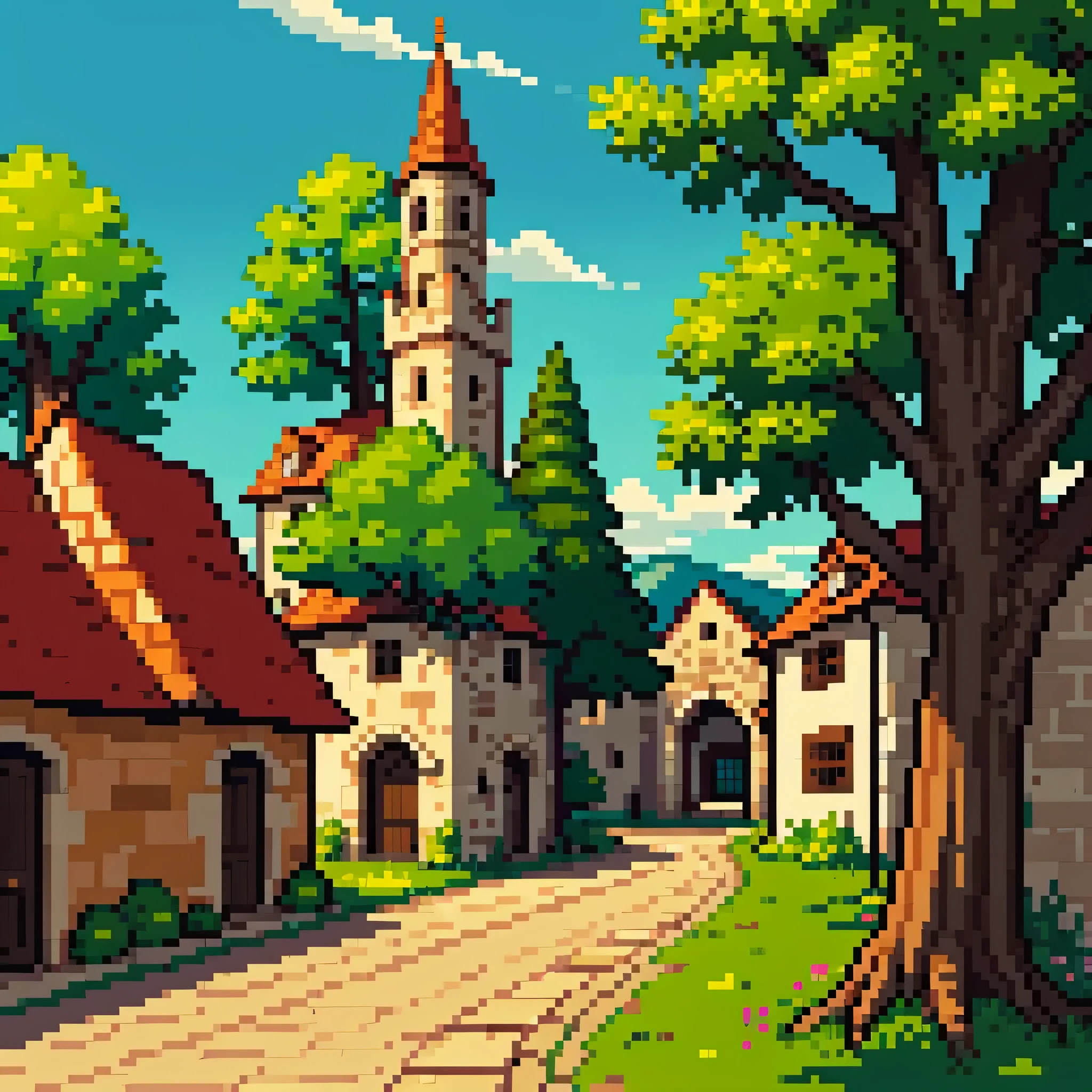 (melhor qualidade,4k,8k,high resolution,obra de arte:1.2), ultra-detalhado, realista:1.37, arte de pixel, medieval city made in arte de pixel, paisagens ao redor da cidade, Detailed buildings, Ruas movimentadas, mercado vibrante, castelo imponente, cobblestone roads, habitantes animados da cidade, casas coloridas, Rio sinuoso, florestas exuberantes, Colinas, montanhas majestosas, clear blue sky, luz solar quente, sombras sutis.