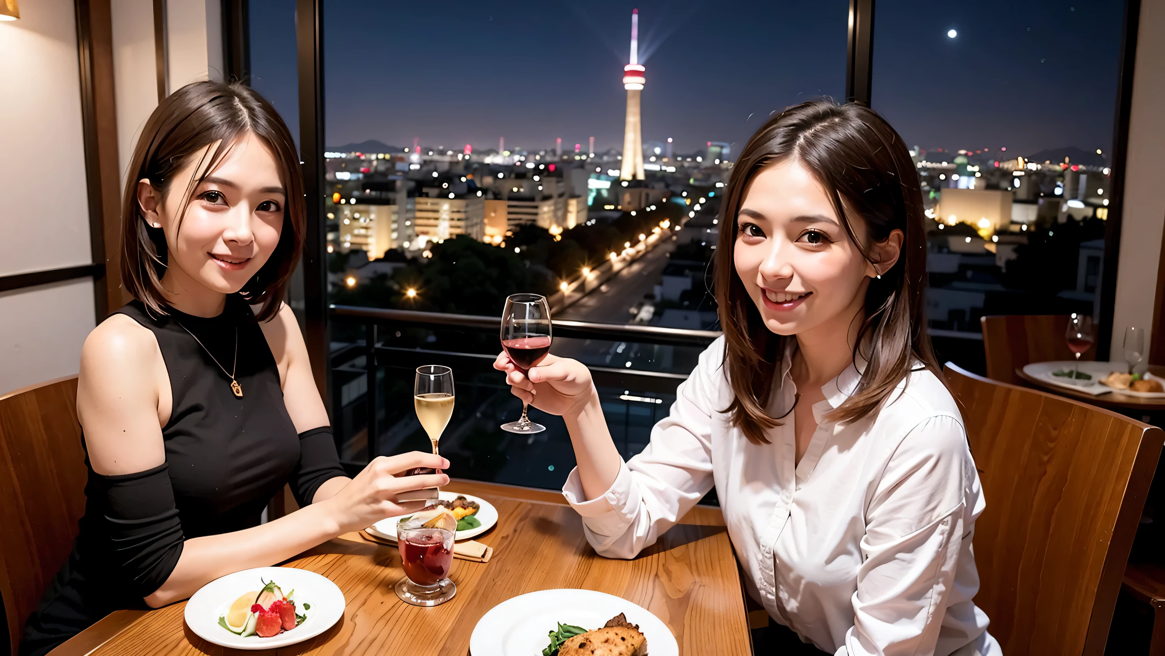 64k, UHD, highest quality, masterpiece: 1.2), (realistic, photorealistic: 1.37), Super detailed, celebration party、party of 5、3 women who love wine、2 males、sparkling glass、Japanese sake、Shochu、champagne、Sparkling wine、winter night、restaurantでワイン宴会、(slimな男女4名),(Wine party for 5 people)、(slimフェイス),Happy、 最高なsmile、Fox Face、Berry Short、(because I&#39;thin), (brown hair), (shortcut), long sleeve shirt、winter fashion、Japanese、Dutch、German、Portuguese、Belgian、Italian、french, (gushing), (slimボティ), (brown hair), (shortcut), Neat beauty、cheeks blush a little, (40 years old), 38 years old, alone, A beautiful and detailed night view spreads out outside the window...., restaurant, wine glassが座っている, At night, in a prominent place (from the Upper body) nova frog style, actress, model, Upper body, White wine, slim, wine glass, Very beautiful night view, wine glass Put in the Middle, Happy smile, (smile: 1.15), 