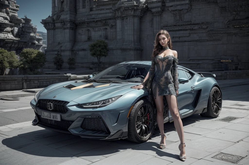 Incredible fantasy city, mega skyscrapers, flying cars, space elevator towers, Super Detail, trees, flowers, Many different buildings, spaceships in the sky, Ultra detail, many elements, blue and gold, yellow numbers on the towers, Character incredibly beautiful girl, posing in front of a car, full length, stands on the balcony, leash around the neck, , submission, disturbance, fabulous car, aggressive car shape, a lot of details, super car, expensive convertible., Incredibly beautiful face, very detailed face, Detailed eyes, detailed hair, Expensive earrings, nipple piercing, diamonds, Emeralds, Rubies, turquoise, correct anatomy, red lace dress, Thin body, Super Detail тела, many small details of the dress, Incredible fantasy city, mega skyscrapers, flying cars, space elevator towers, Super Detail, trees, flowers, Many different buildings, spaceships in the sky, Ultra detail, many elements, blue and gold, yellow numbers on buildings, straight and smooth lines, Street, evening, A lot of cars, sharp lines, contrast, City River, water fall, trees по берегу, fault in the earth's square, deep crevice, You can't see the ground, Very high, helicopter landing pads, interceptor hangars.