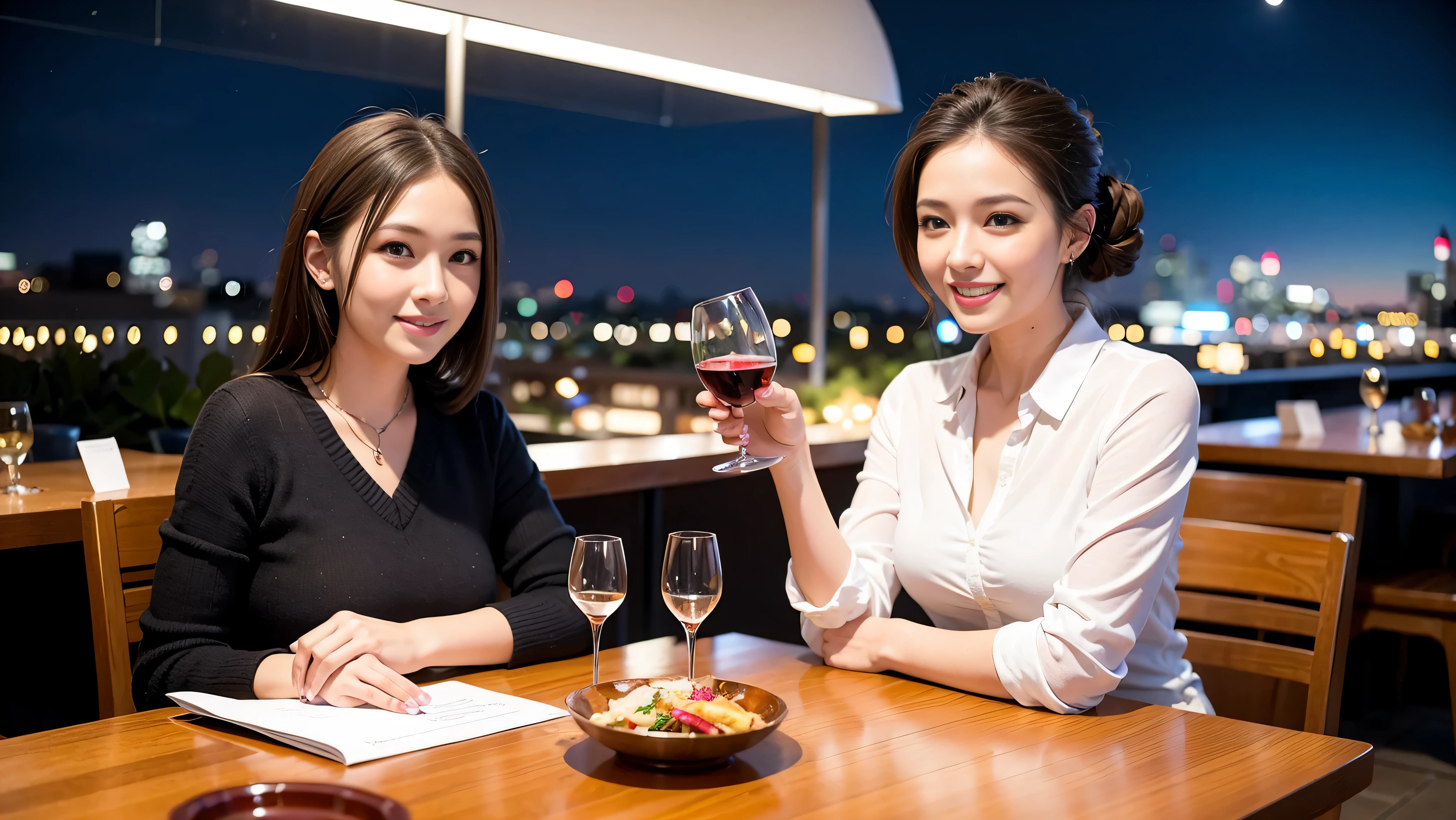 64k, UHD, highest quality, masterpiece: 1.2), (realistic, photorealistic: 1.37), Super detailed, celebration party、party of 5、3 women who love wine、2 males、Japanese sake、Shochu、champagne、Sparkling wine、winter night、restaurantでワイン宴会、(slimな男女4名),(Wine party for 5 people)、(slimフェイス),Happy、 最高なsmile、Fox Face、Berry Short、(because I'thin), (brown hair), (shortcut), long sleeve shirt、winter fashion、Japanese、Dutch、German、Portuguese、Belgian、Italian、french, (gushing), (slimボティ), (brown hair), (shortcut), Neat beauty、cheeks blush a little, (34 years old), 38 years old, alone, A beautiful and detailed night view spreads out outside the window...., restaurant, wine glassが座っている, At night, in a prominent place (from the Upper body) nova frog style, actress, model, Upper body, White wine, slim, wine glass, Very beautiful night view, wine glass Put in the Middle, Happy smile, (smile: 1.15),