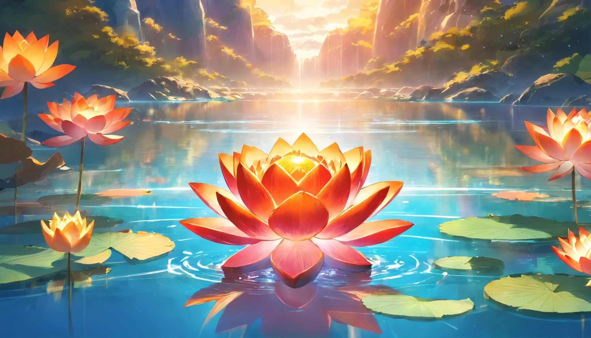 Enlightened mind, Red shades from orange to gold. About the rainbow-colored lotus spirit flower, And floats on transparency, Transparent water, Gold gradient background with light transparency. Golden energy flows from the flower core.