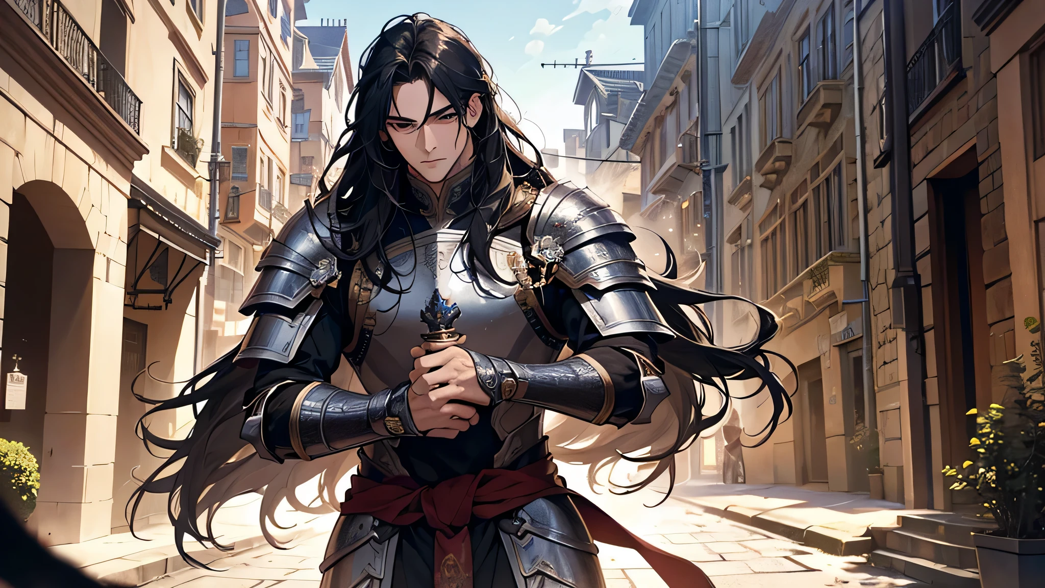Ultra-realistic 8K CG, masterpiece, best quality, a strong male warrior, solo, muscular build, long black hair flowing freely, iron armor covering his body, intricately detailed, with a sword stuck at his waist, standing proudly in the midst of a medieval city. The armor, shimmering under the sunlight, reveals complicated patterns and delicate engravings. The cityscape in the background is equally detailed, with ancient buildings and winding streets adding depth to the image, detailed face, detailed eyes, detailed nose