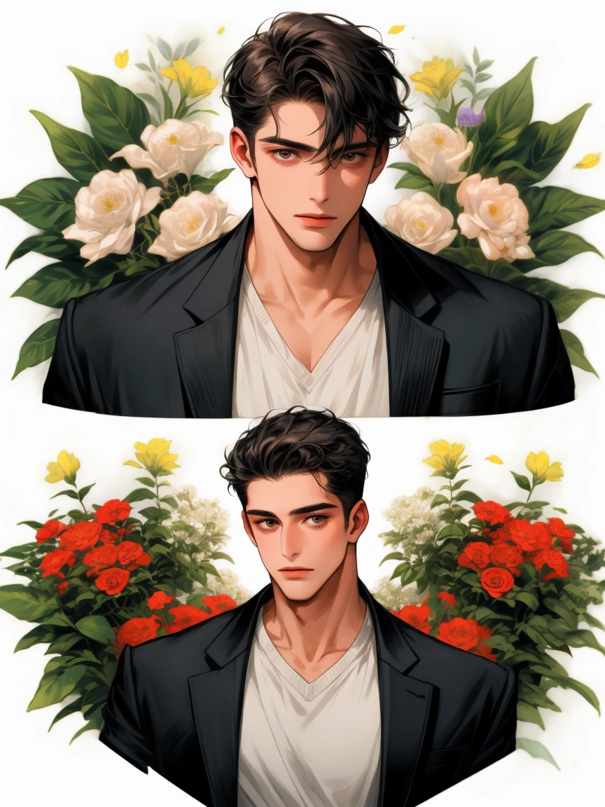masterpiece, collage of man in casual clothes, flowers,