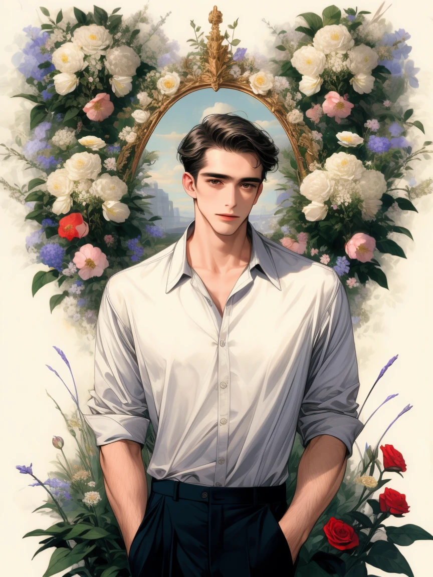 masterpiece, collage of man in casual clothes, flowers, 