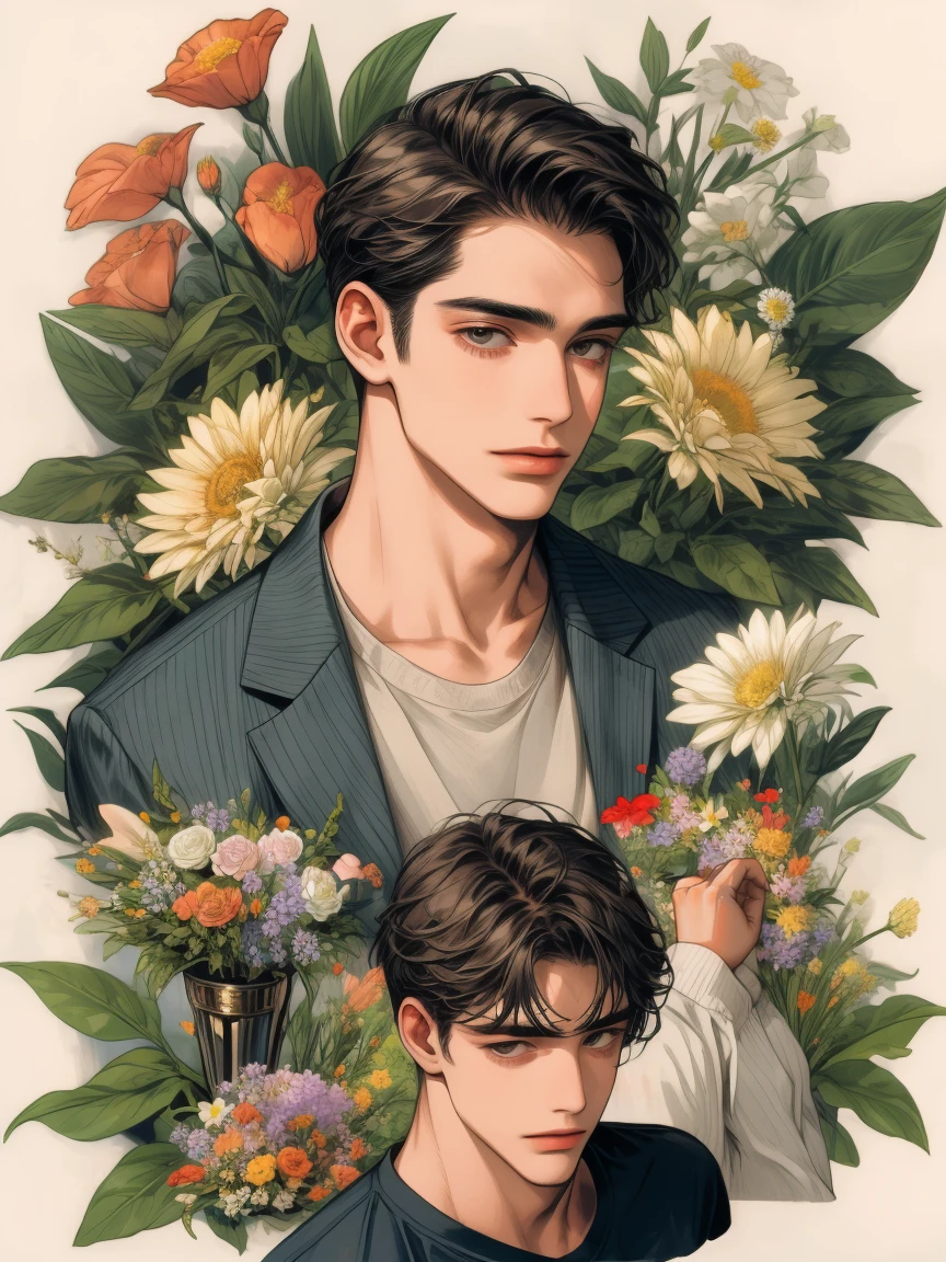masterpiece, collage of man in casual clothes, flowers,
