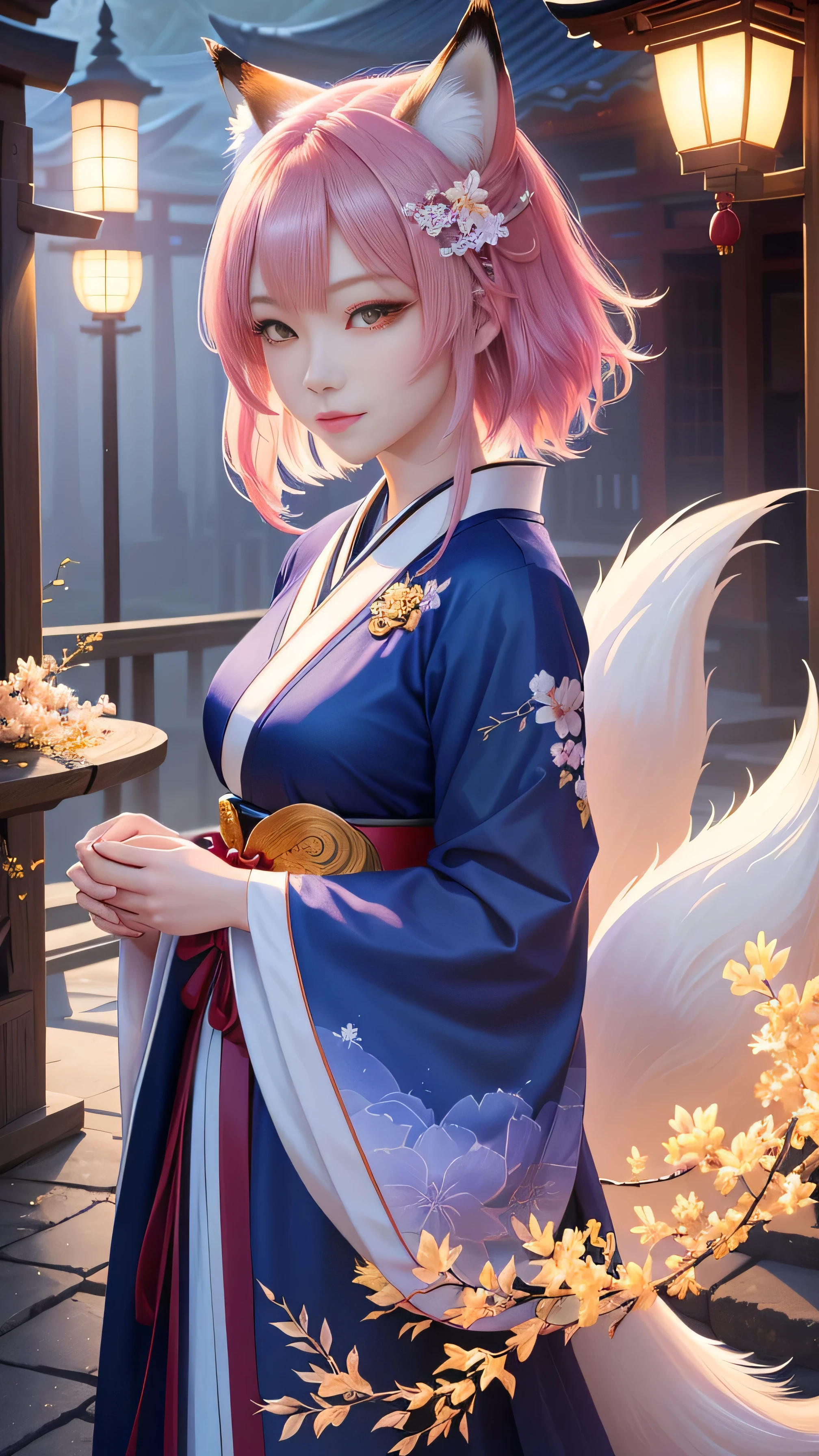 masterpiece , highest quality, frontのクローズアップ,Upper body,colorful hair colors,beautiful short hair, masterpiece, japanese architectureの背景,beautiful details, colorful, delicate details, delicate lips, intricate details, genuine, ultrargenuineista, 枝に座っている色とりどりの髪のFoxを持つ女の子:mature, bright eyes, ,色とりどりのFox, Raposa the Nine Tails, 三尾Fox, 三尾Fox, Onmyoji detailed art, beautiful fine art illustration, mythical creatures, Fox, beautiful digital art,shrine maiden,japanese architecture,Holding hands,exquisite digital illustration, mizutsune, Inspired by mythical wild nest creatures, pixiv in digital art, dazzling light, high contrast, Mysterious,枝に座っている色とりどりの髪のFoxを持つ女の子,front,look at the camera