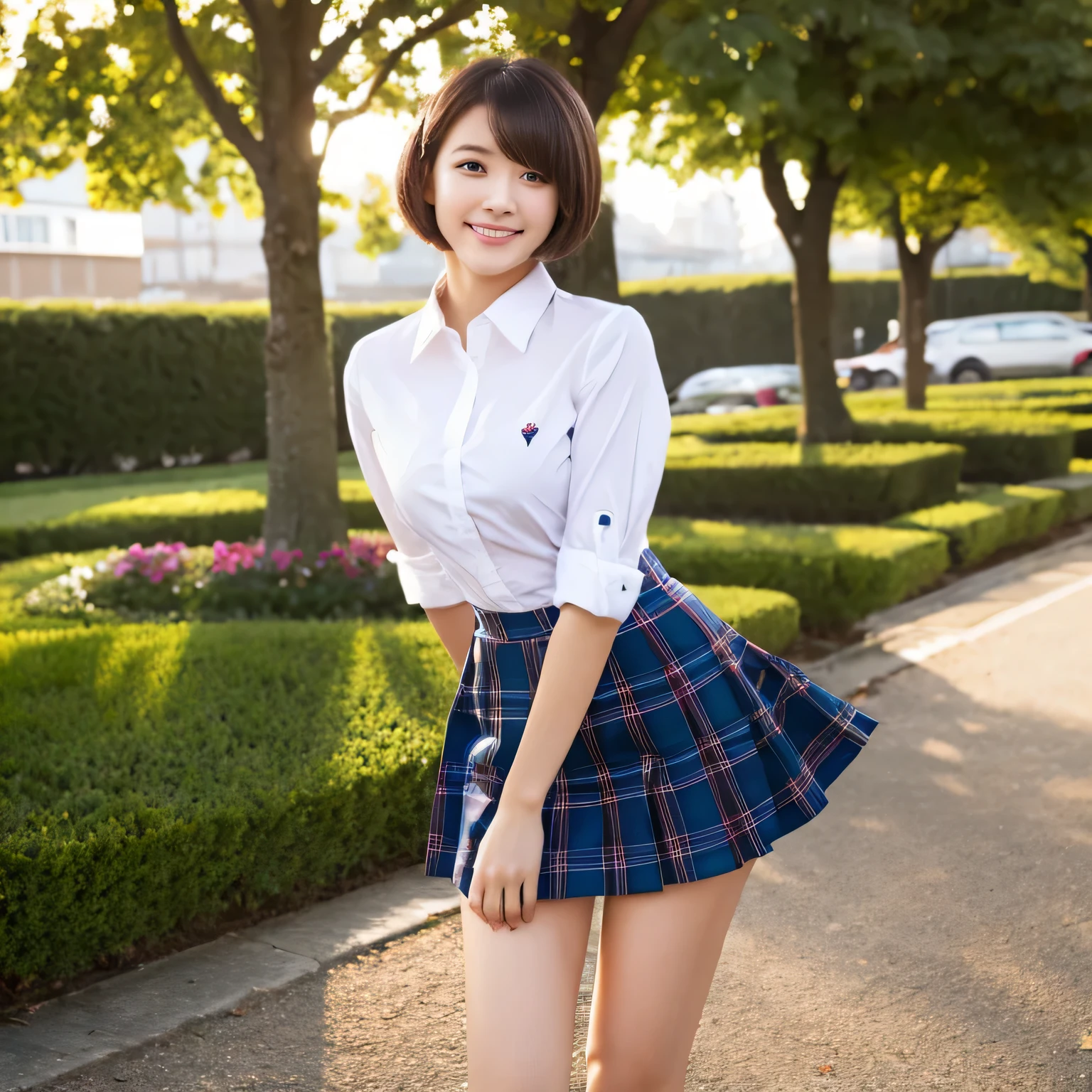((highest quality)), ((masterpiece)), (become familiar with), perfect face,young woman,short skirt,beautiful and detailed eyes,beautiful detailed lips,soft lighting,bright colors、smile、Realistic eye and face details,inviting eyes,full body photo,school uniform,超short skirt,slim_feet,Precision skin,Fluffy shorthair,plaid skirt, white shirt, huge breasts,