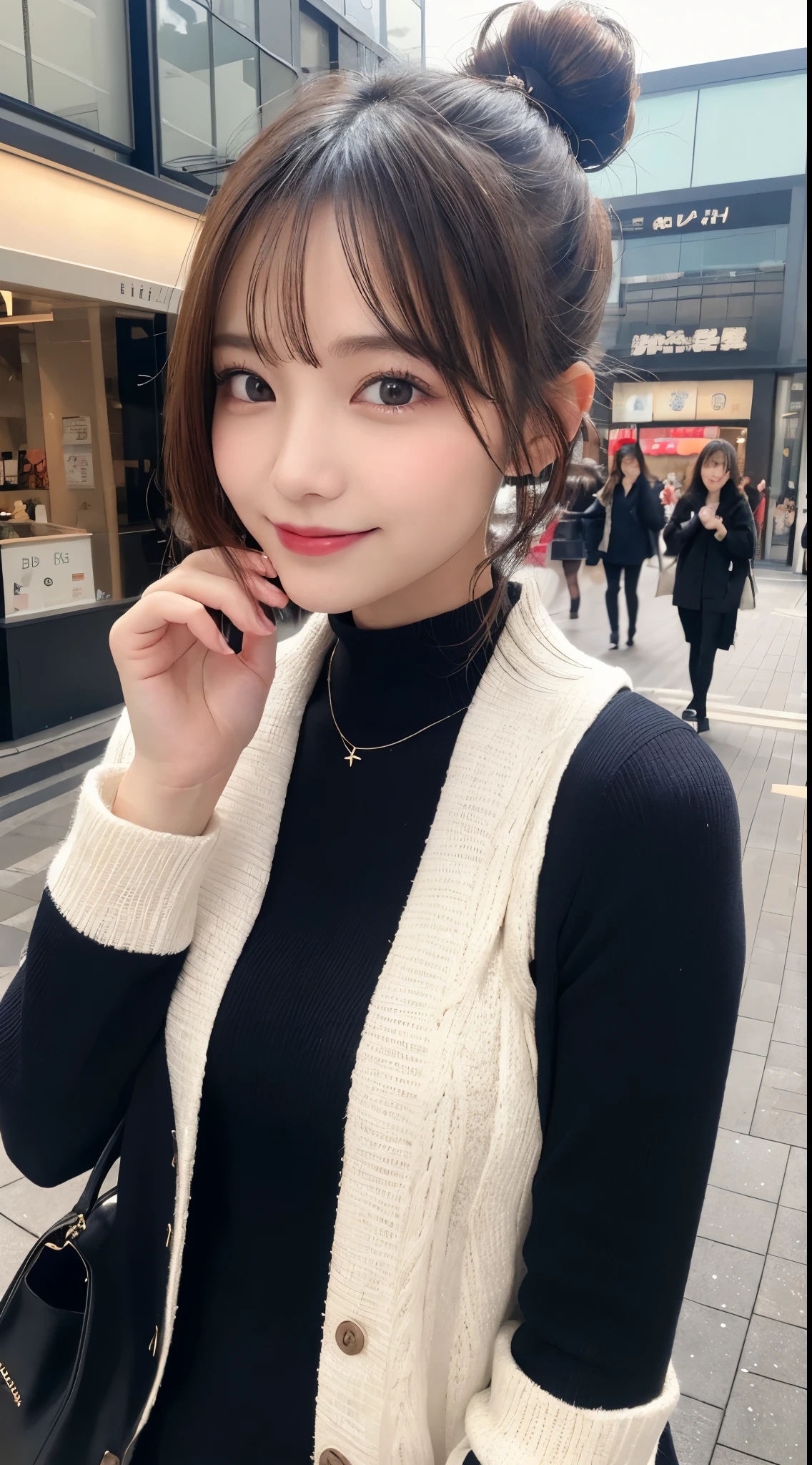 masutepiece, Best Quality, Illustration, Ultra-detailed, finely detail, hight resolution, 8K Wallpaper, Perfect dynamic composition, Beautiful detailed eyes, Trendy Women's Fashion Winter Clothes,Bun hair,Small breasts natural color lip, sexypose,Smile,Harajuku、20 years girl、Cute、is looking at the camera