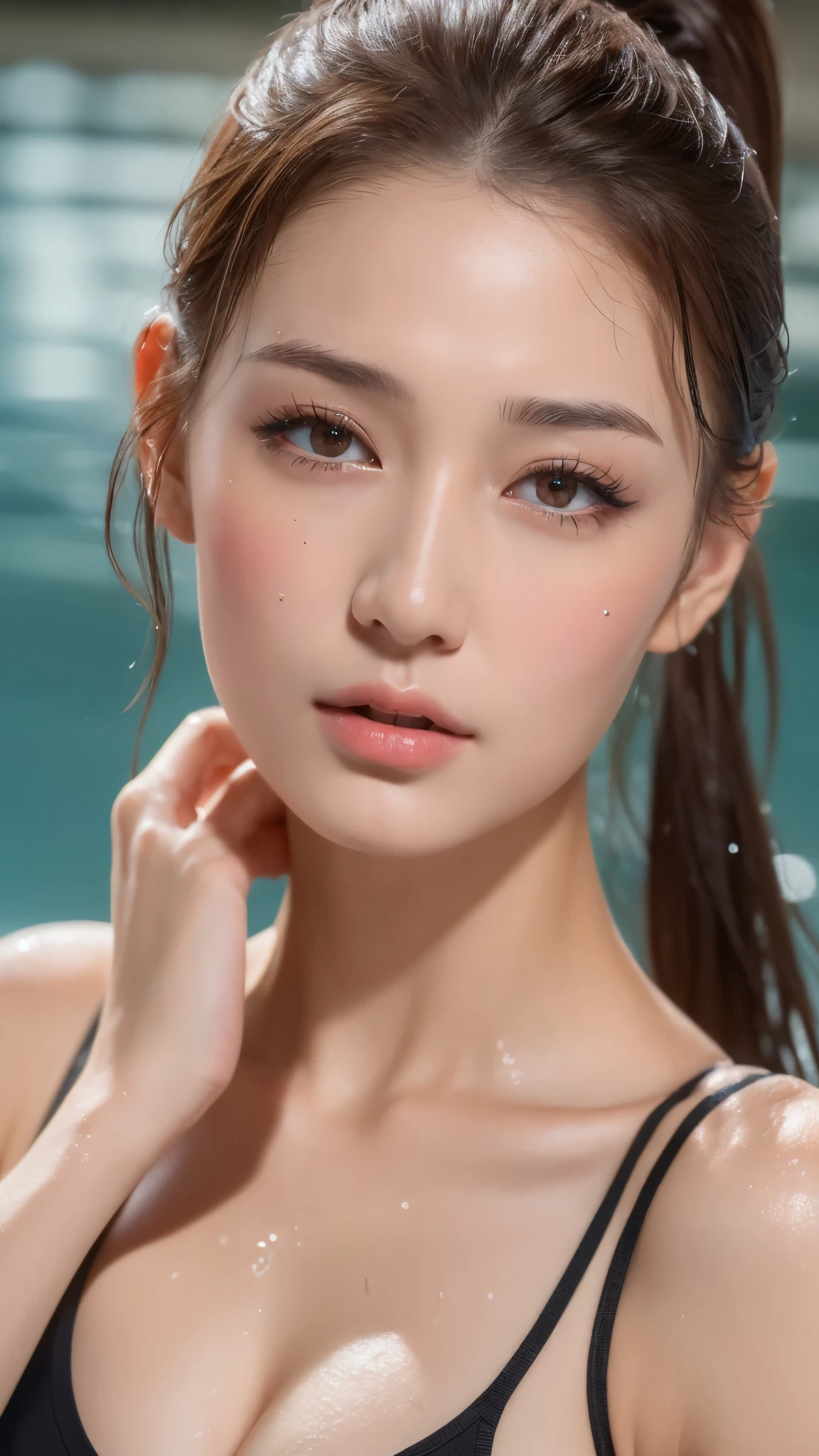 ((Best quality, 8k, Masterpiece :1.3)), 1girl, Pretty woman with emphasizing slender abs :1.3, (Dark brown hair, Ponytail, Huge breasts :1.2), Wet body:1.2, Pool, Ultra-detailed face, Detailed eyes, Double eyelid