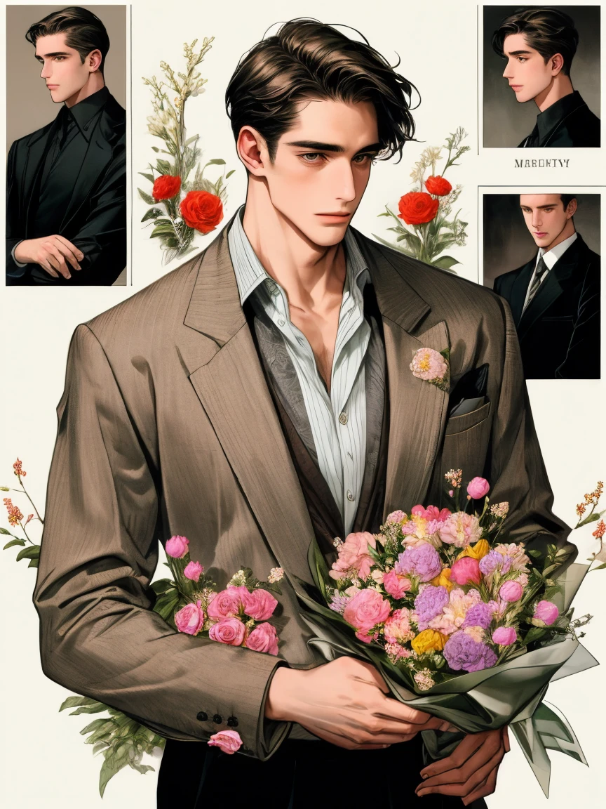 masterpiece, collage of man in casual clothes, flowers, 