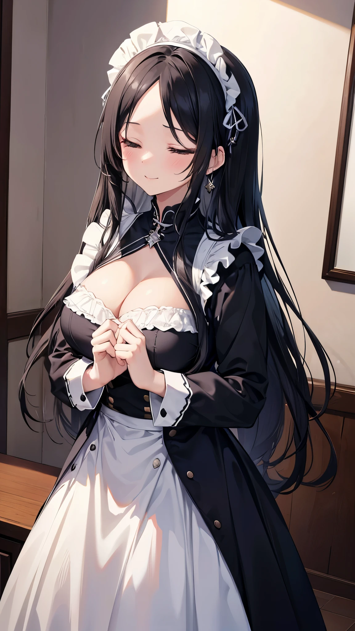 (8K、best image quality、highest quality、masterpiece)、detailed face、1 woman、black hair、long hair、((Bangs that show the forehead:1.1))、closed eyes、smile、very big breasts、maid、cleavage、long sleeve、long skirt、cowboy shot、cross arms in front、Luxury room background