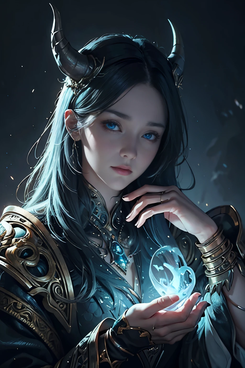 An encounter between a very beautiful female magician and a mythical beast, Michael Letter, Christoph Huge 、super detailed paintings, luminism, art by Carne Griffiths and what a bone concept art, 4K resolution, fractal isometricdetailbioluminescence , 3D rendering, octane rendering, intricately detailed , cinematic, trending on artstation Isometric Centered hyperrealistic cover photo awesome full color, hand drawn , gritty, realistic mucha , Defining a hit , cinematic,fantastic background, abstract beauty,stand, approaching perfection, pure form, golden ratio, minimalistic, unfinished, concept art, Written by Brian Froud、Khan Griffith、what a bone、john william waterhouse, intricate details, 8K post production, High resolution, hyper detail, Trending with ArtStation, studio photography, intricate details, very detailed, Written by Greg Rutkowski, highest quality, perfect angle of view, perfect composition, best shot, official art, cinematic light, very beautiful and fantastic scenery, chivalry dream, women only, blue eyes without pupils, beautiful blue eyes, quite beautiful face, Rin々Looks, behemoth, unparalleled beauty
