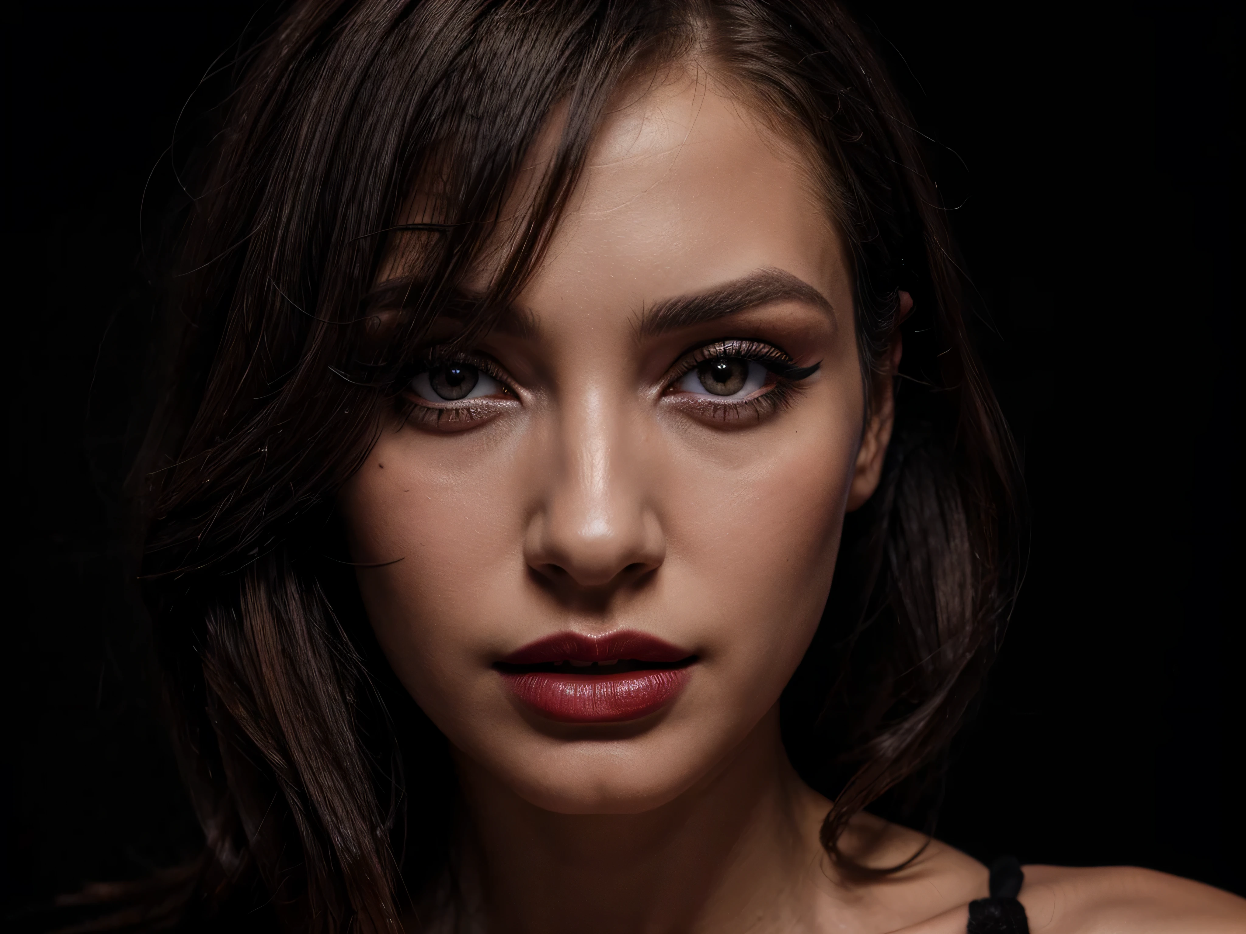 visage grand plan, Woman with make-up, lipstick, mascara, mannequin, studio de photographie, very dark black background, Photorealism