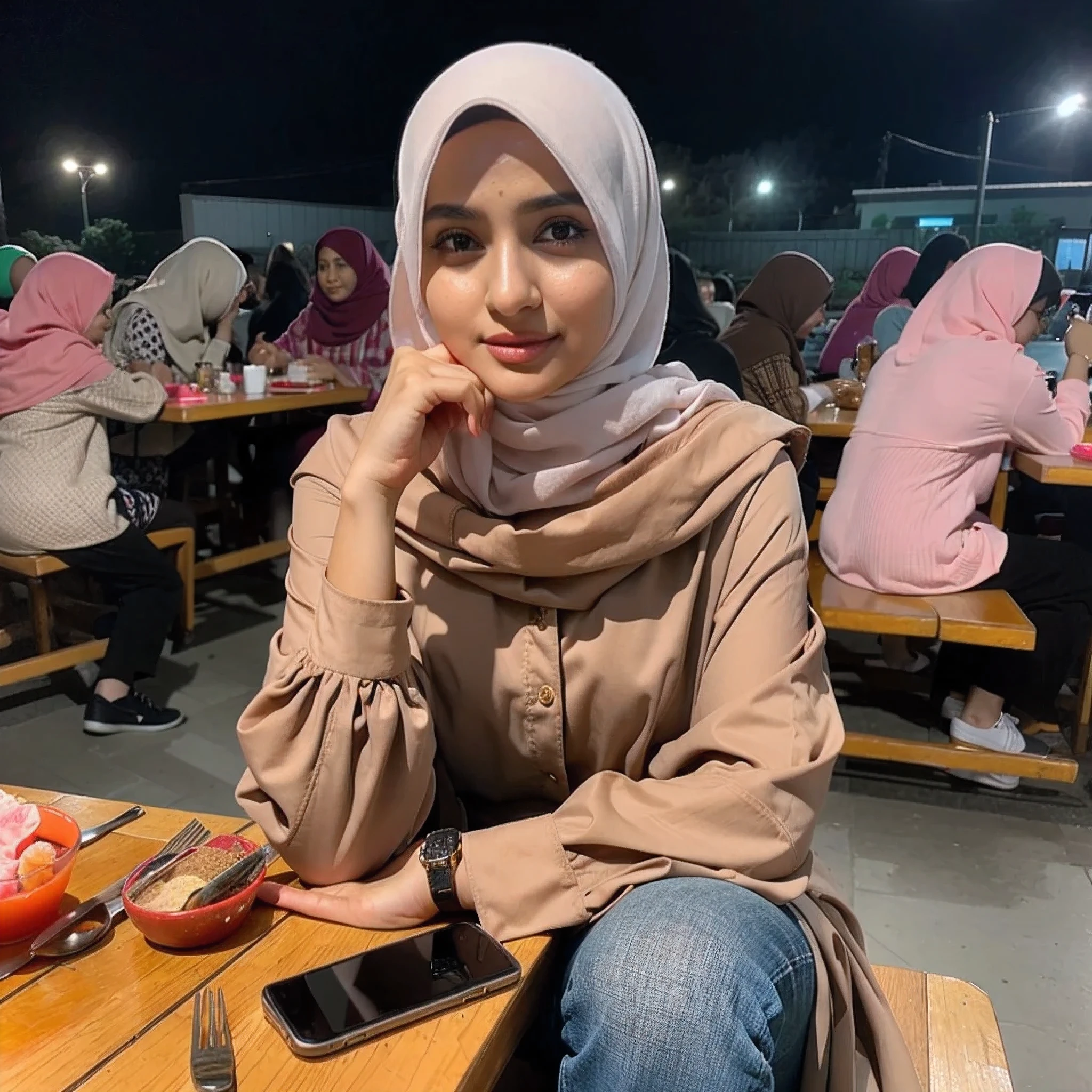 woman sitting at a table with a cell phone in her hand, hijab, handsome girl, zehnra taliya, lovely woman, inspired by Shaddy Safadi, with lovely look, with sunset, shot on nikon z9, beautiful image, faridah malik, 🤤 girl portrait, inspired by Fathi Hassan, with apple, attractive girl, beautiful woman