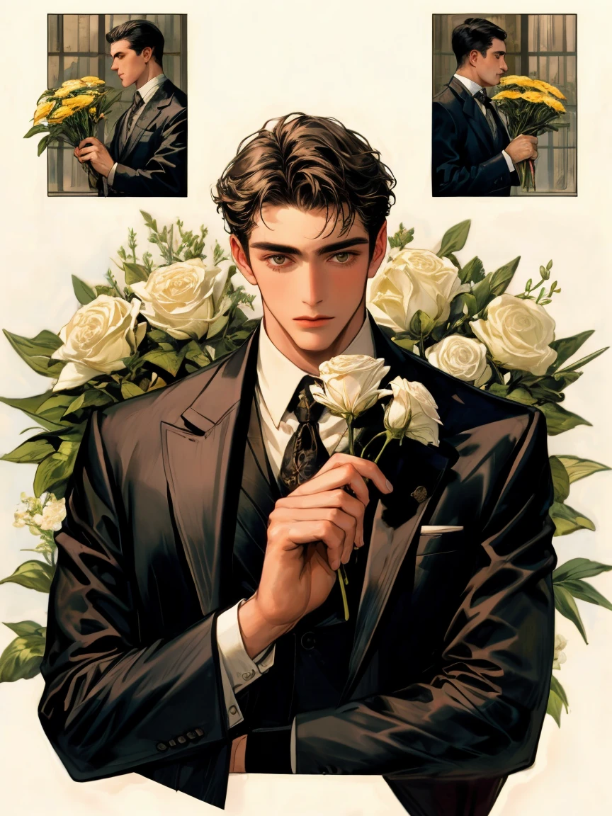 masterpiece, collage of man holding flowers, 