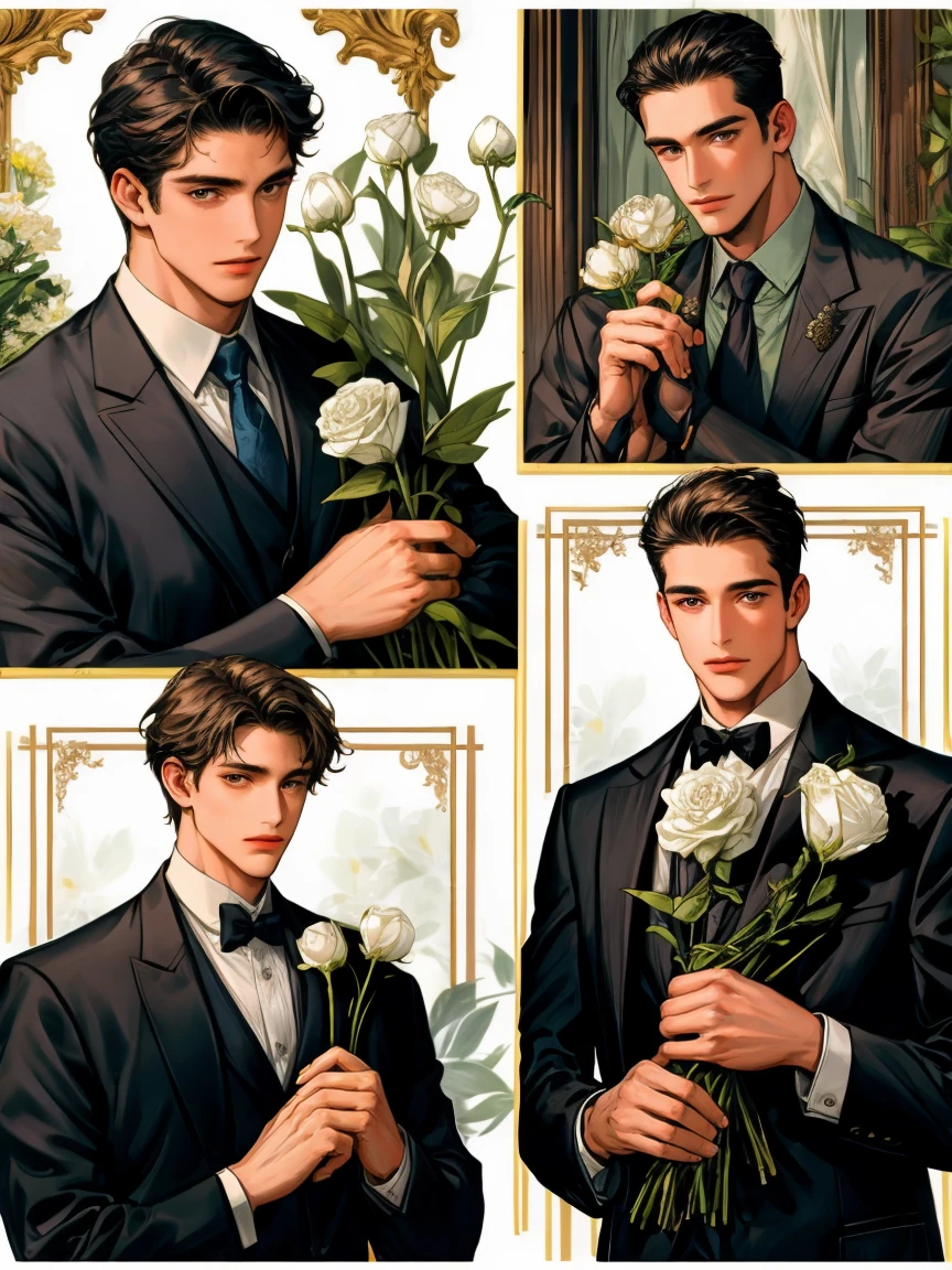 masterpiece, collage of man holding flowers,