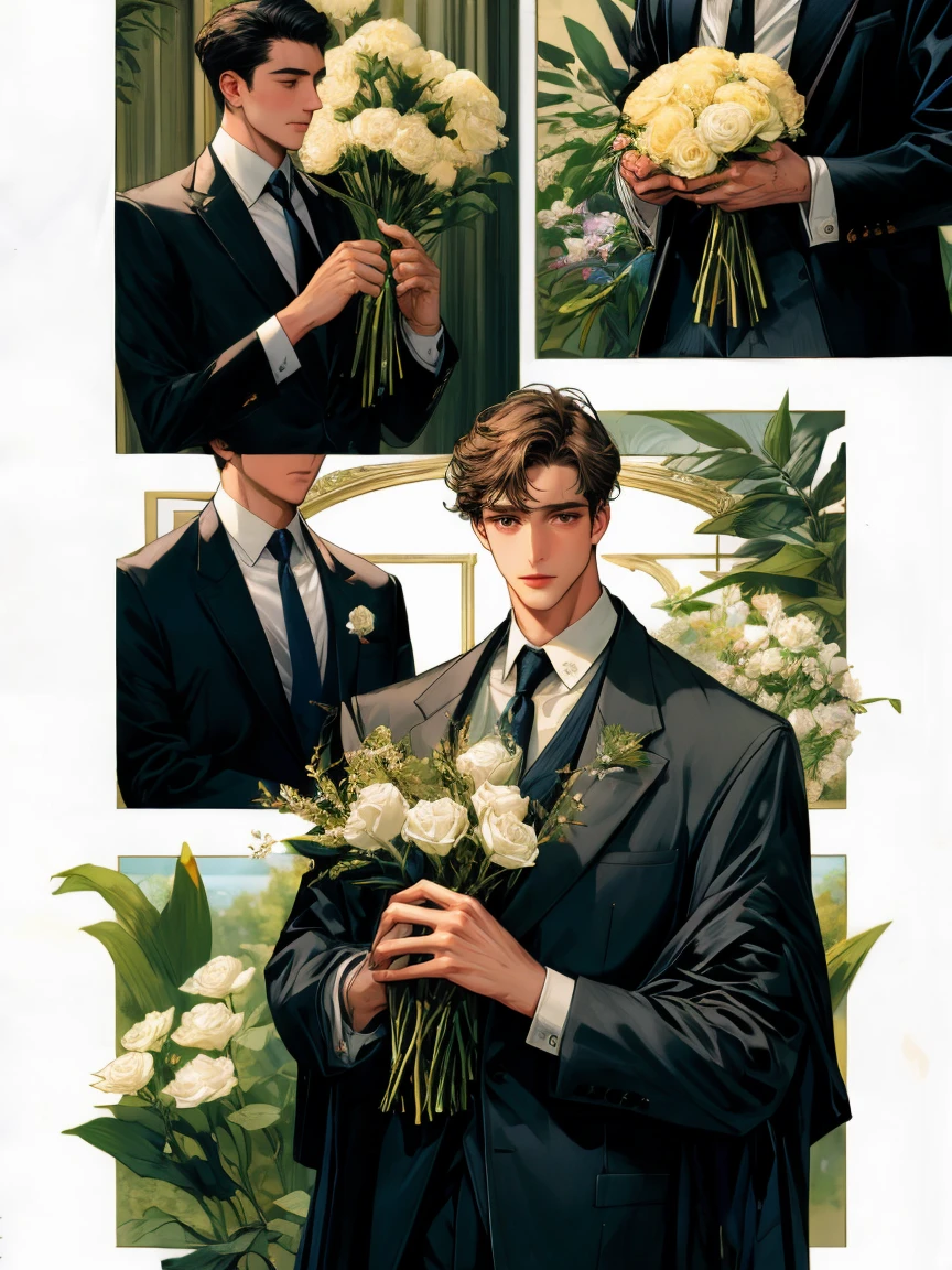 masterpiece, collage of man holding flowers, 