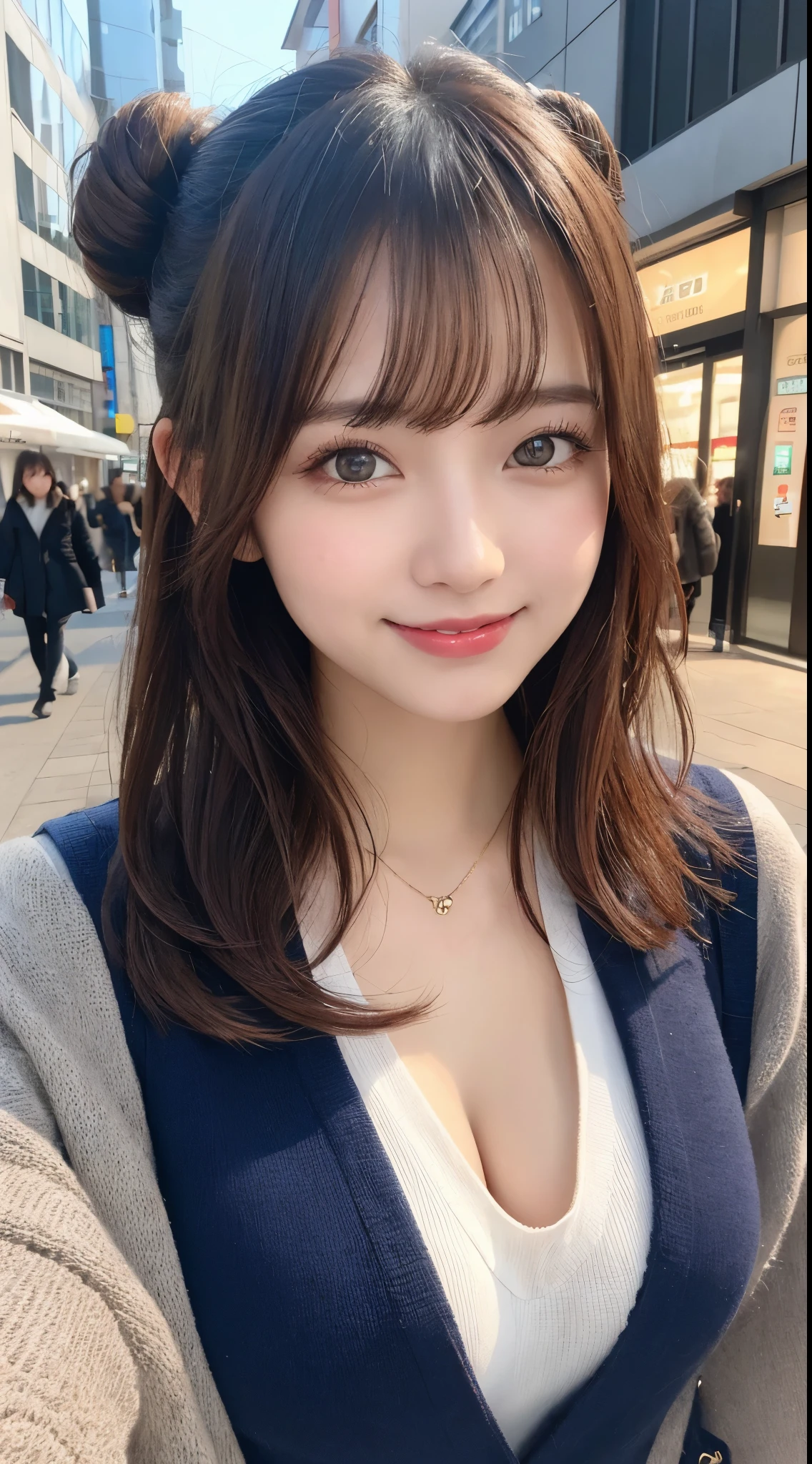 masutepiece, Best Quality, Illustration, Ultra-detailed, finely detail, hight resolution, 8K Wallpaper, Perfect dynamic composition, Beautiful detailed eyes, Trendy Women's Fashion Winter Clothes,Bun hair,Small breasts natural color lip, sexypose,Smile,Harajuku、20 years girl、Cute、is looking at the camera