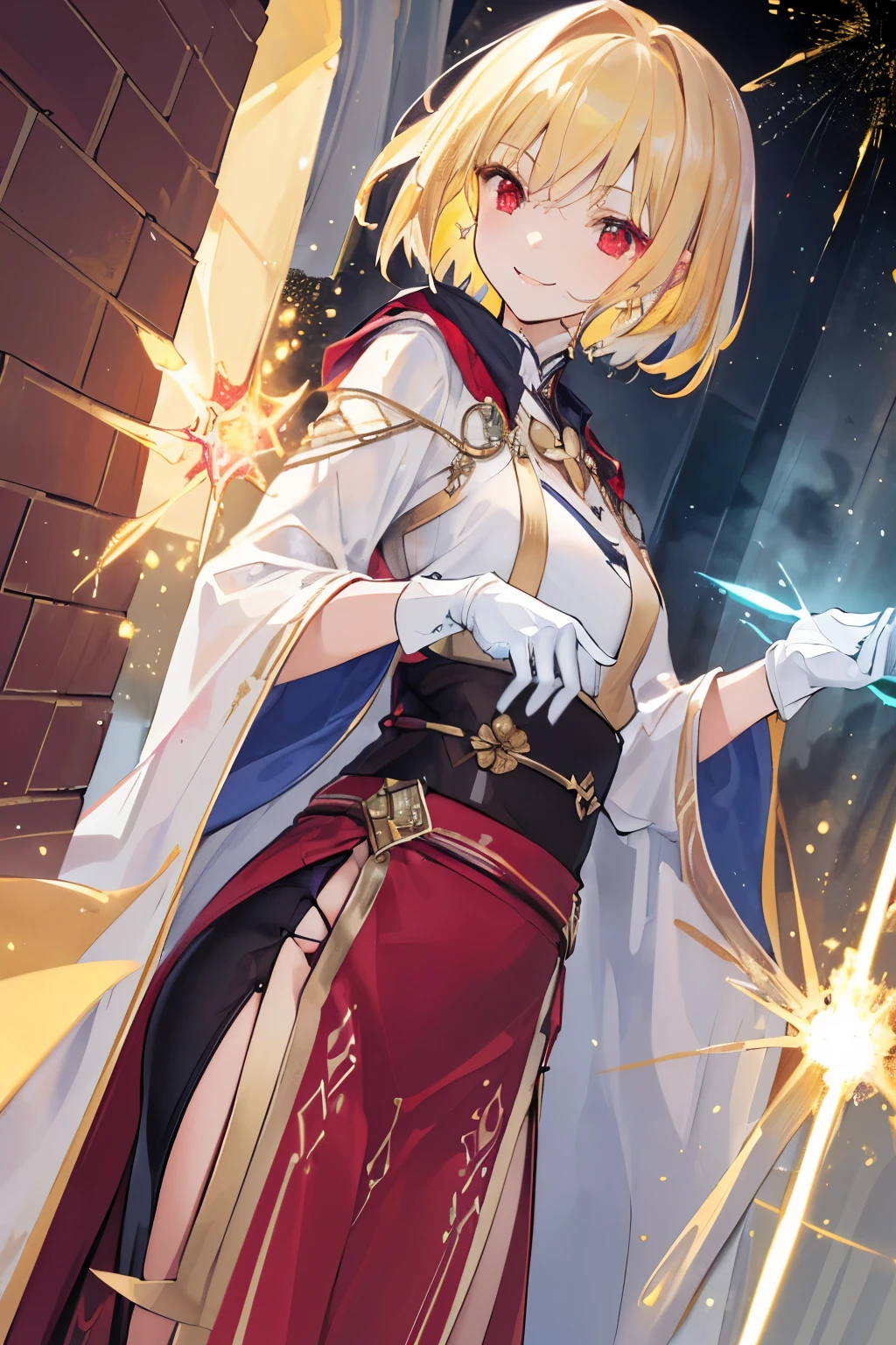 (((1girl))), ((best quality)), ((masterpiece)), ((ultra-detailed)), (illustration), (detailed light), (an extremely delicate and beautiful), (beautiful detailed eyes), (sunlight), ((extremely light)),  ((extremely clothes)), (((hyper detail))),(((((front lighting))))),(((((front light))))),

((((quite adorable and erotic Wizard's robe with a brief skirt)))), (((High Class Wizard))),
, 

wavy short manish bob, ((((yellow gold hair)))), (((short hair))), 
(((ruby red eyes))), 

(((whole body))), aged 8 to 12, ((((())))),
((condescending expression)), ((mischievous smile with sexual satisfaction)),  (((extra adorable))), (((extra slender shape))), 
(((extremely beautiful detailed face))),
(((attacking enemies by a spell of star light explosions))), 
(((((Dutch angle))))), (((white gloves)))