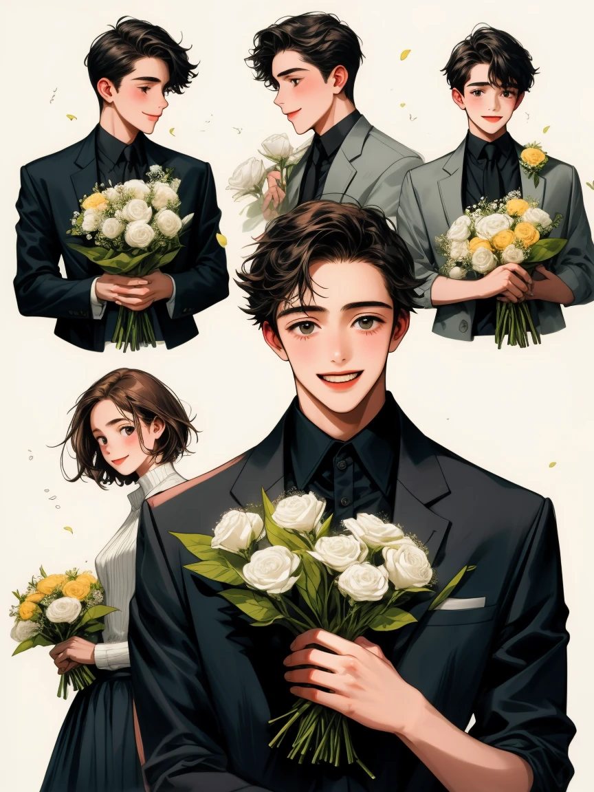 masterpiece, collage of teenage boy holding flowers, happy