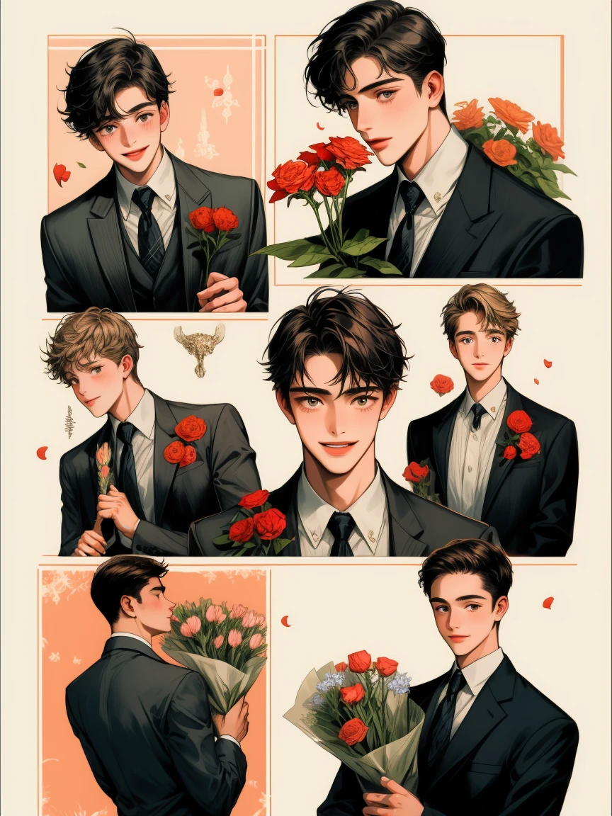 masterpiece, collage of age boy holding flowers, happy