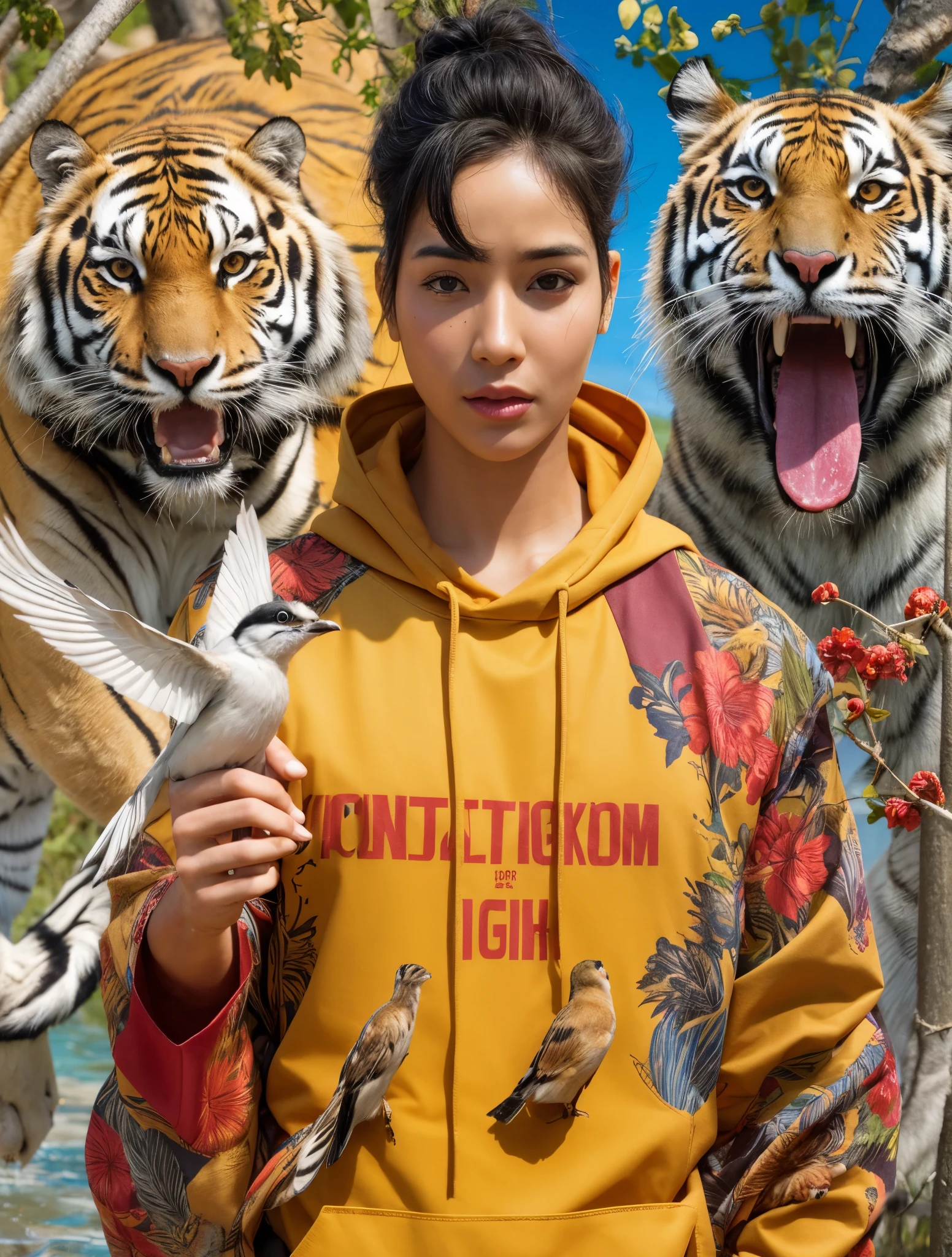 Beautiful Korean girl with smooth white skin, well-groomed face, thin smile, yellow and red knit hoodie decorated with a large tiger motif, yellow and red hijab, long trousers with lots of left and right pockets, sitting on a rock in front of a waterfall, there are small flowers in it. grows beautifully, overlooking the water. plunge. waterfall. waterfall. The background is mountains, left and right cliffs filled with green moss and blooming flowers. beautiful, original photo, realistic