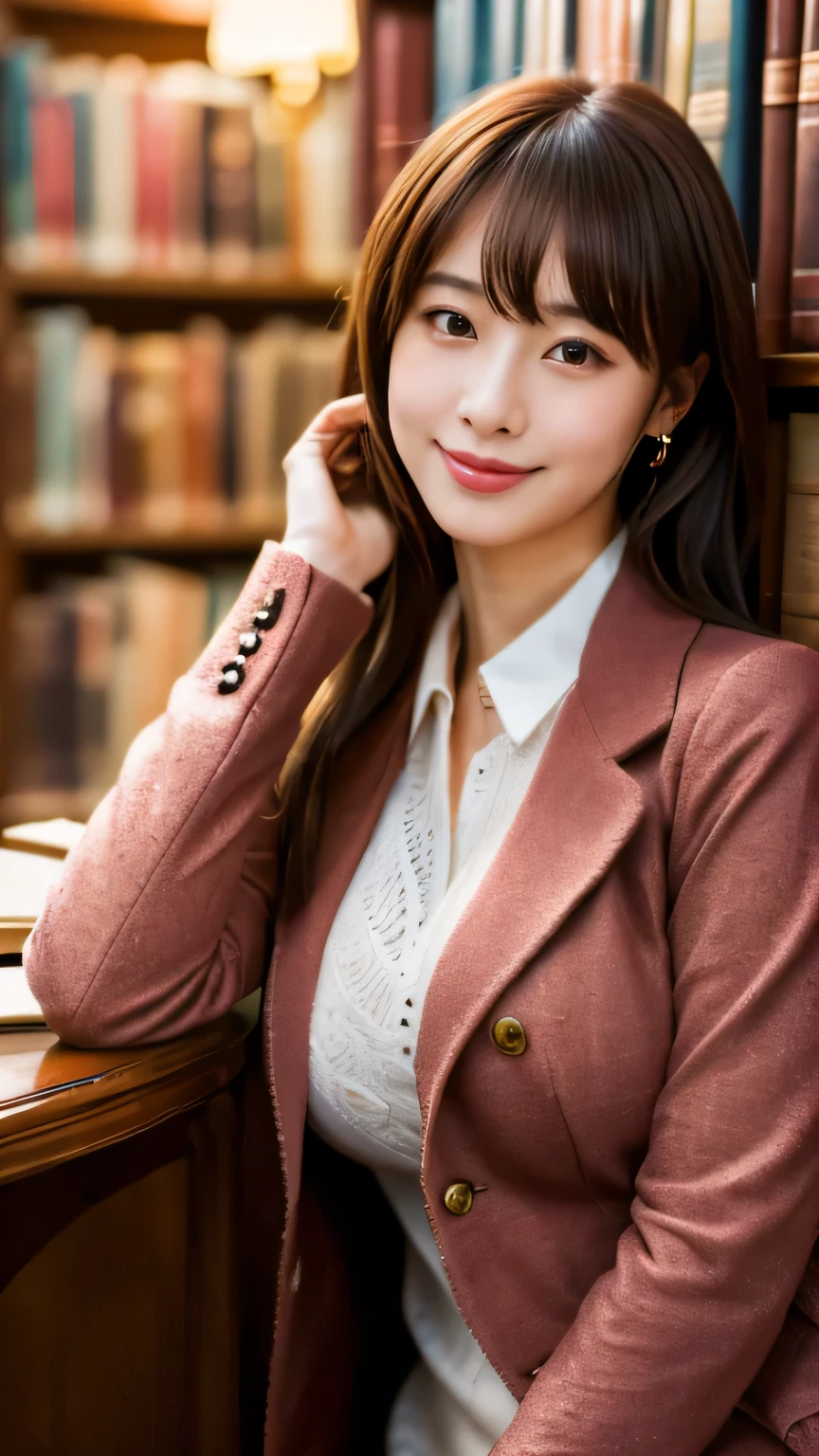 (realistic, photo-realistic:1.4), (extremely detailed 8k wallpaper), bokeh, detailed beautiful eyes and skin, (Image from thighs to head:1.3), (Japanese idol:1.3), 25yo, beautiful woman, smile, large breast, 
Burgundy velvet blazer with tailored pants, Sophisticated, Library reading nook, Intellectual ambiance,