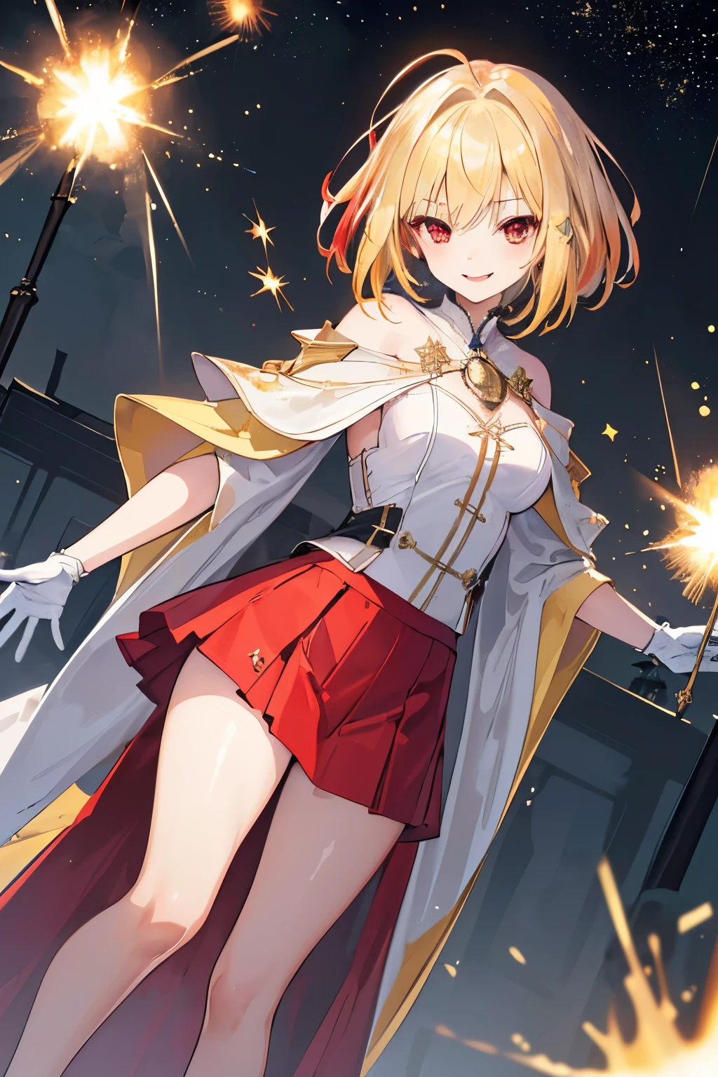 (((1girl))), ((best quality)), ((masterpiece)), ((ultra-detailed)), (illustration), (detailed light), (an extremely delicate and beautiful), (beautiful detailed eyes), (sunlight), ((extremely light)), ((extremely clothes)), (((hyper detail))),(((((front lighting))))),(((((front light))))),
((((quite adorable and erotic Wizard's robe with a brief skirt)))), (((High Class Wizard))),
,
wavy short manish bob, ((((yellow gold hair)))), (((short hair))),
(((ruby red eyes))),
(((whole body))), 8 to 1((())))),
((condescending expression)), ((mischievous smile with sexual satisfaction)), (((extra adorable))), (((extra slender shape))),
(((extremely beautiful detailed face))),
(((attacking enemies by a spell of star light explosions))),
(((((Dutch angle))))), (((white gloves)))