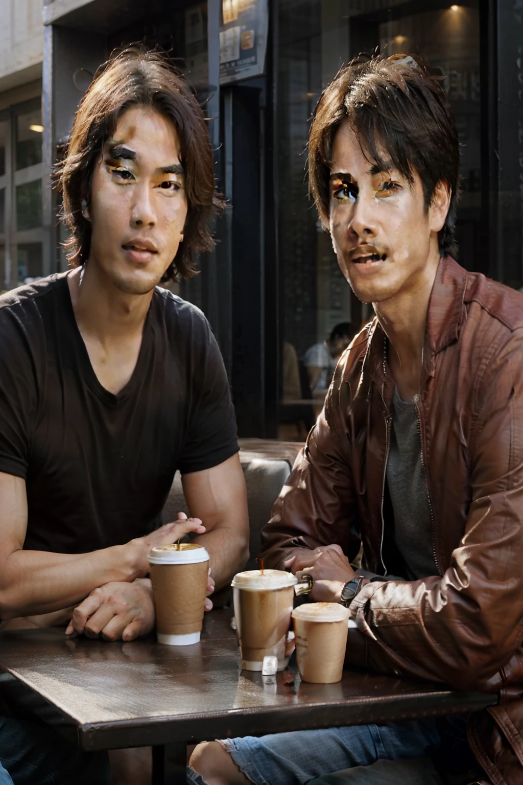 two asian men sitting at a table with coffee cup