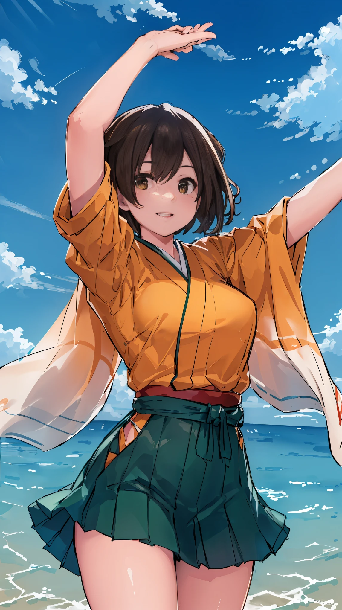 (masterpiece), (best quality), (ultra-detailed), photorealistic, (best illustration), (an extremely delicate and beautiful),finely detailed beautiful eyes: 1.2)1girl, hiryuukc, orange kimono, one side up, brown eyes, brown hair, green hakama, hakama short skirt, [outstretched arms::0.35], smile, cowboy shot, [:(peace sign):0.35], [:(hand in own hair):0.35]Very Fine Eyes Very Fine Face、Insanely detailed body、Extremely fine skin, very elaborate hair ornament, Precisely shaped body and hands