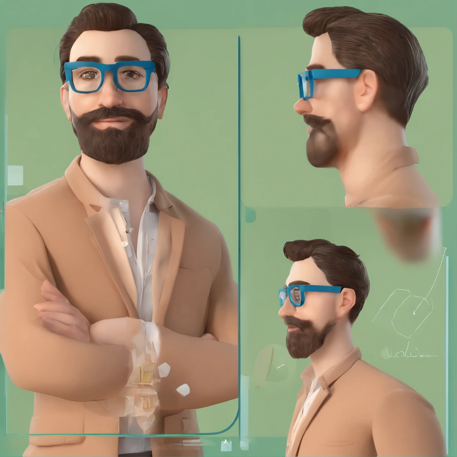 Homem de 34 anos, de cor parda com cabelos curtos, ondulados, Blue frame glasses, quadrados, testa grande, orelha grande, barba por fazer usando uma camisa social verde