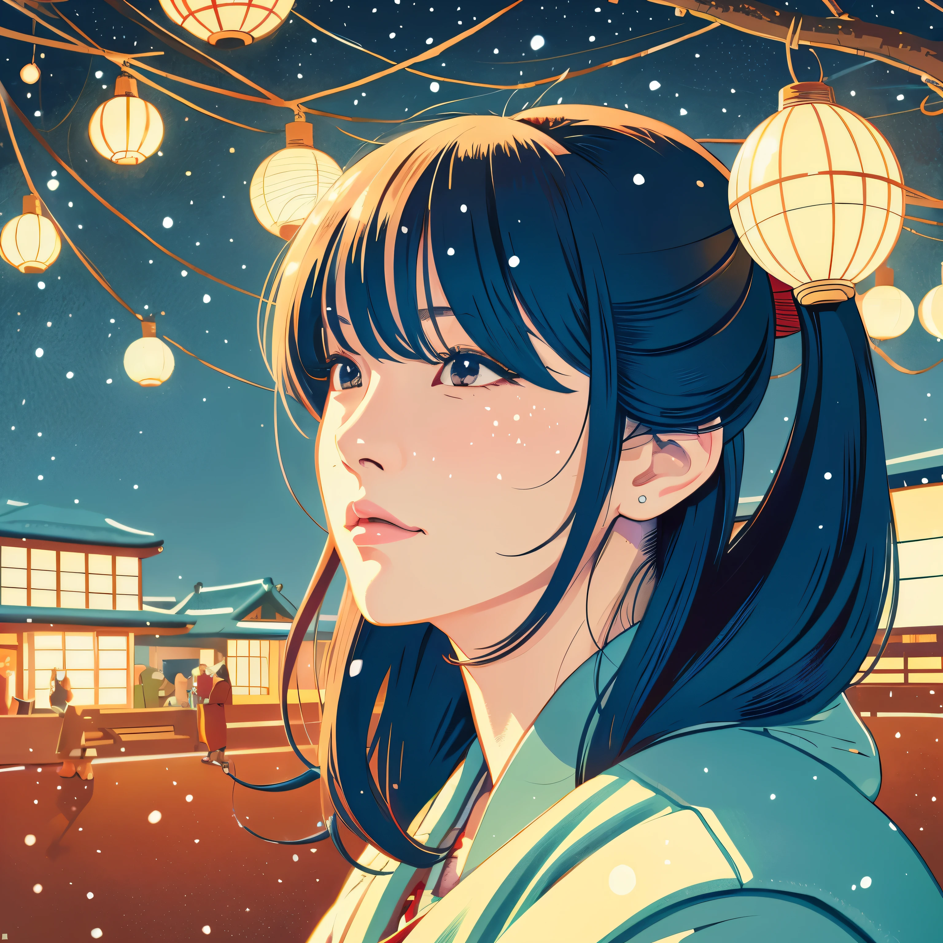 illustration style、ukiyo-e、昭和anime、anime、Woman facing this way、Japanese、Shinkai Makoto style、The season is winter、tokyo at night、 (highest quality, Super detailed, portrait, Natural light)