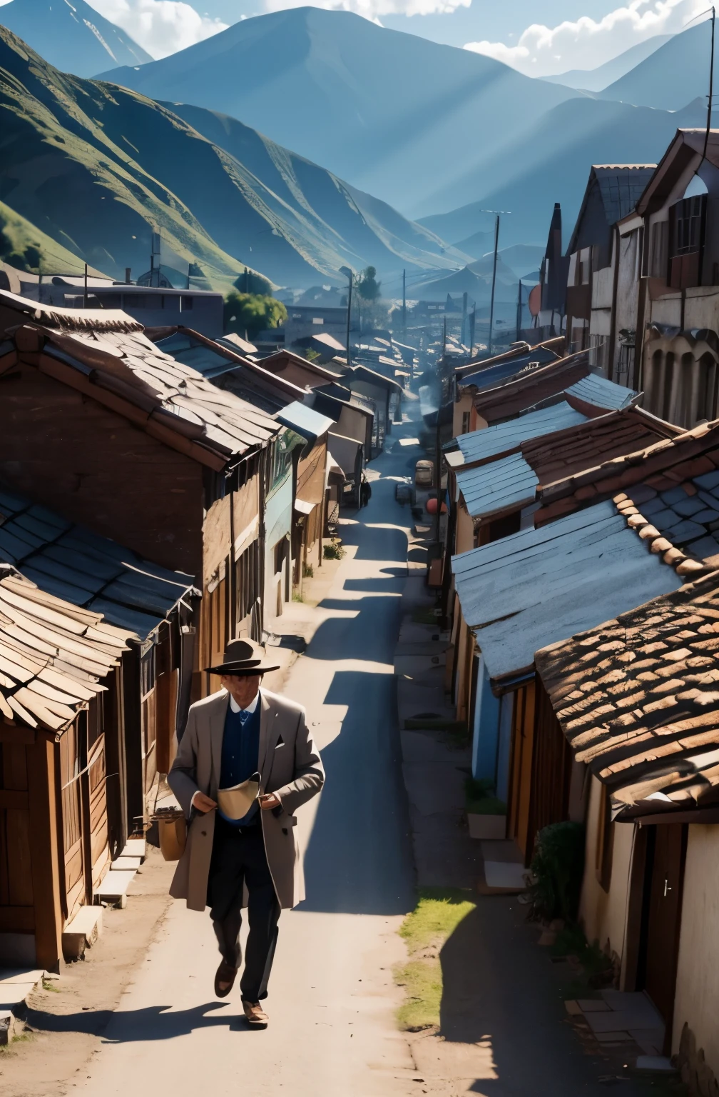 A man with a big spoon enters a town where houses are made of porridge.", style: 4k
