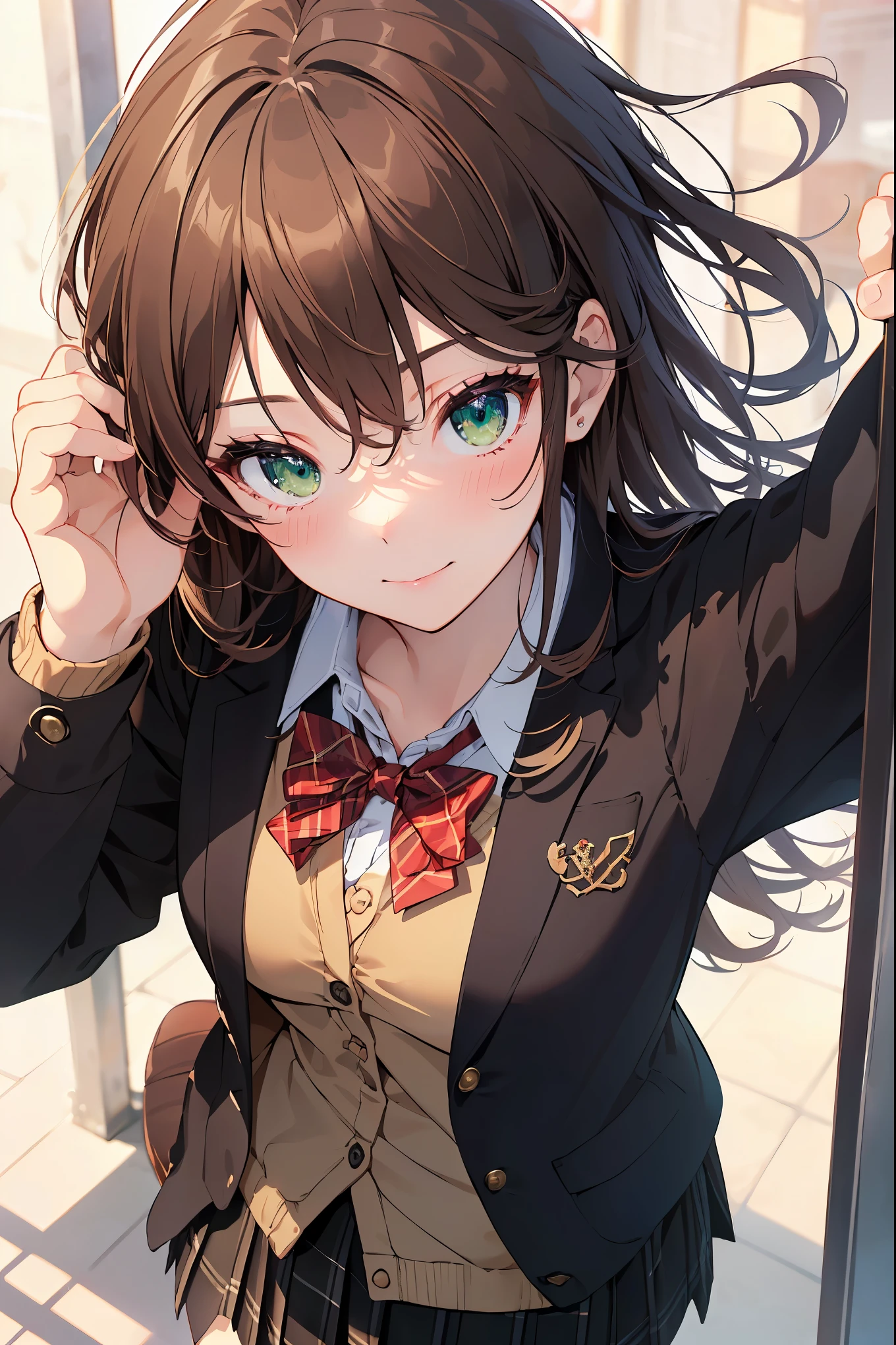 ((masterpiece, best quality, highres, UHD, perfect pixel, depth of field, 4k, RTX, HDR))), 1girl, single, solo, beautiful anime girl, beautiful artstyle, anime character, ((long hair, bangs, brown hair, curly hair:0.5)), ((green eyes:1.4, rounded eyes, beautiful eyelashes, realistic eyes)), ((detailed face, blushing:1.2)), ((smooth texture:0.75, realistic texture:0.65, photorealistic:1.1, anime CG style)), medium breasts, dynamic angle, perfect body, ((portrait, pov)), ((red bowtie, school uniform, black jacket, open jacket, brown cardigan, white shirt, black skirt, plaid skirt)), smile, hands up, amusement park