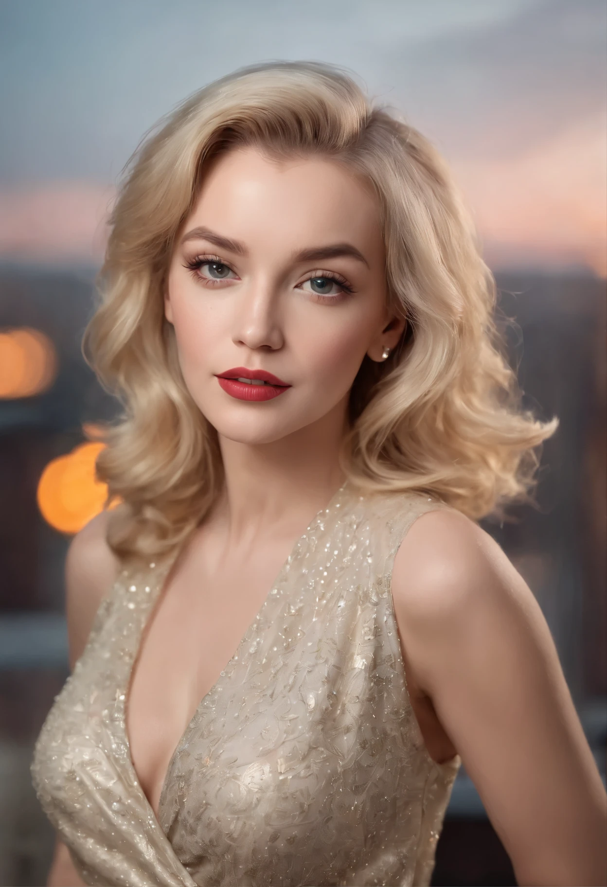 (Best quality,Realistic),Full body photo,white woman, Wear a tight gold suit, Stunning golden eyes, Silky straight blonde hair, Wide breasts, Oversized buttocks, Redlip, in the dark of night,Stand in a dimly lit dark alley, Sparse lighting.