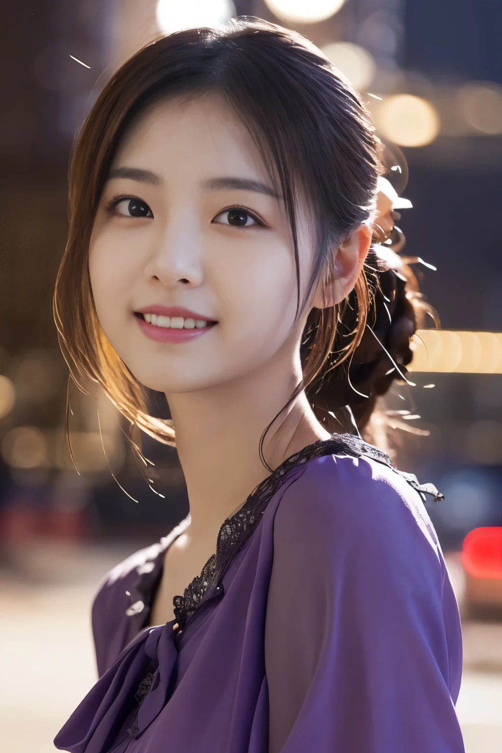 1 girl, (Wearing a purple blouse:1.2), Beautiful Japan actress,
(RAW photo, highest quality), (realistic, Photoreal:1.4), masterpiece, 
very delicate and beautiful, very detailed, 2k wallpaper, wonderful, 
finely, very detailed CG Unity 8K 壁紙, Super detailed, High resolution, 
soft light, beautiful detailed girl, very detailed目と顔, beautifully detailed nose, beautiful and detailed eyes, cinematic lighting, 
break
(Against the backdrop of a snowy night cityscape 1.3), city lights, 
perfect anatomy, slender body, smile, Face the front completely, look at the camera