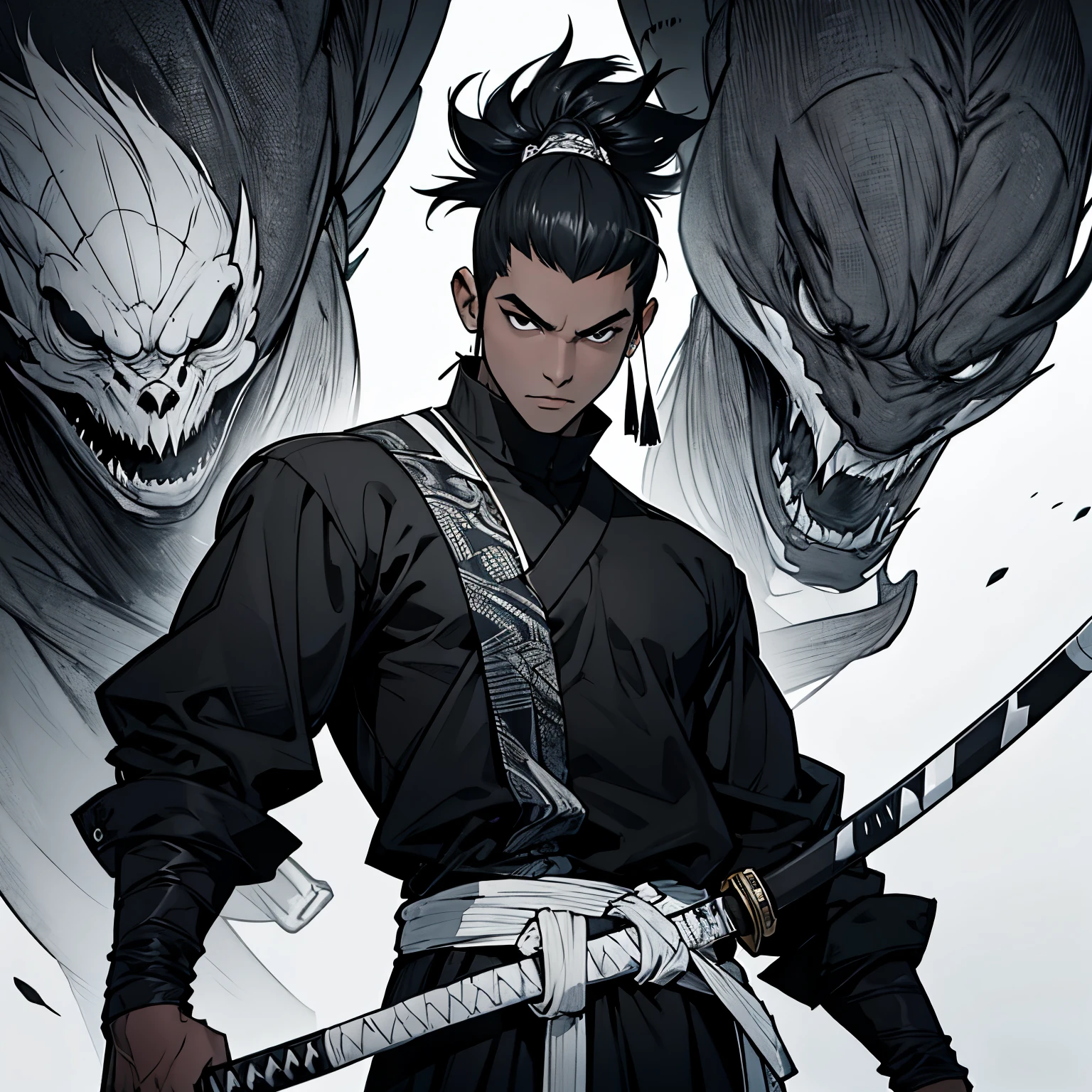 Jovem negro de cabelos brancos, carregando uma katana preta com rachaduras roxa, vestindo um terno preto com detalhes dourados.