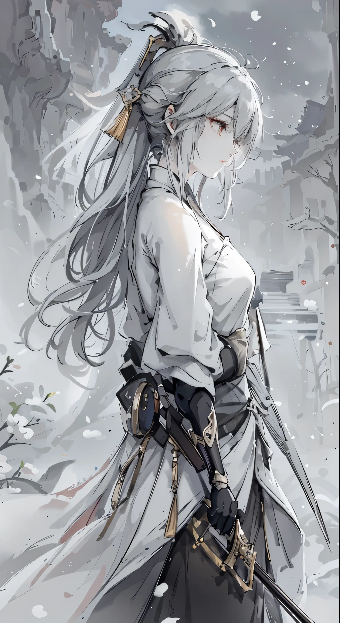 a close up of a woman with a sword in a white dress, a character portrait by Yang J, trending on cgsociety, fantasy art, beautiful character painting, artwork in the style of guweiz, guweiz, white hanfu, flowing white robes, full body wuxia, epic exquisite character art, stunning character art, beautiful female assassin，more details,